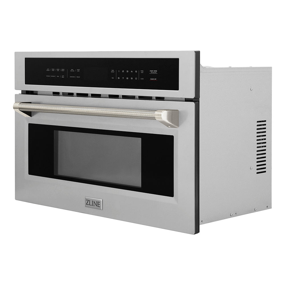 ZLINE Autograph 30" 1.6 cu ft. Built-in Convection Microwave Oven in Stainless Steel and Polished Nickel Helix Handle, MWOZ-30-KPN