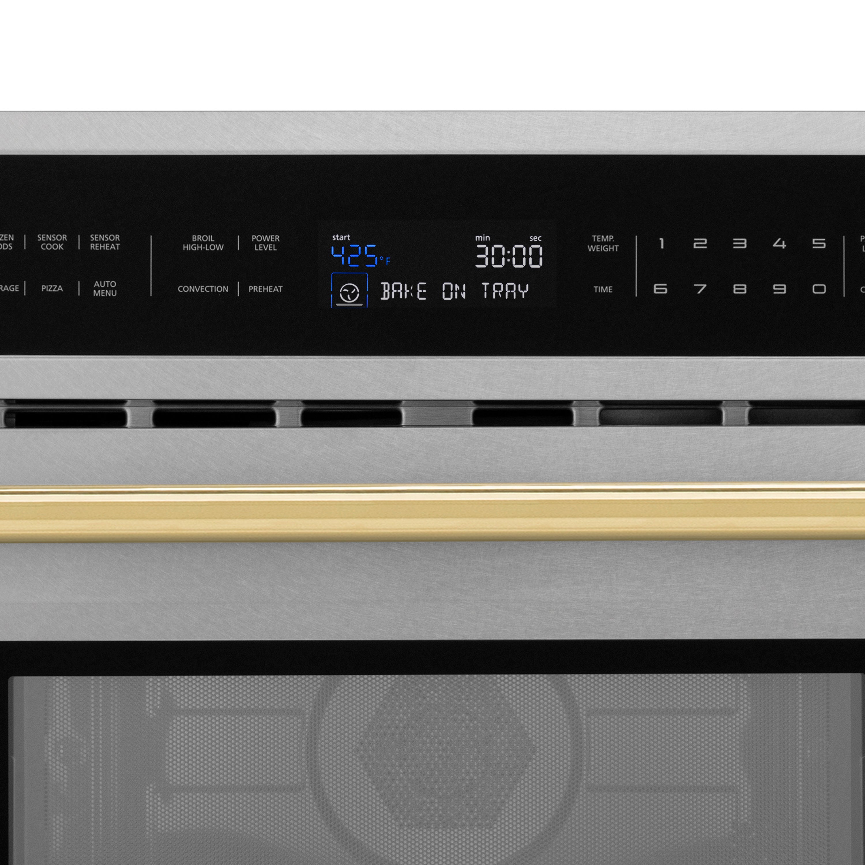 ZLINE Autograph 30" 1.6 cu ft. Built-in Convection Microwave Oven in Satin Stainless Steel and Polished Gold Accents, MWOZ-30-SS-G
