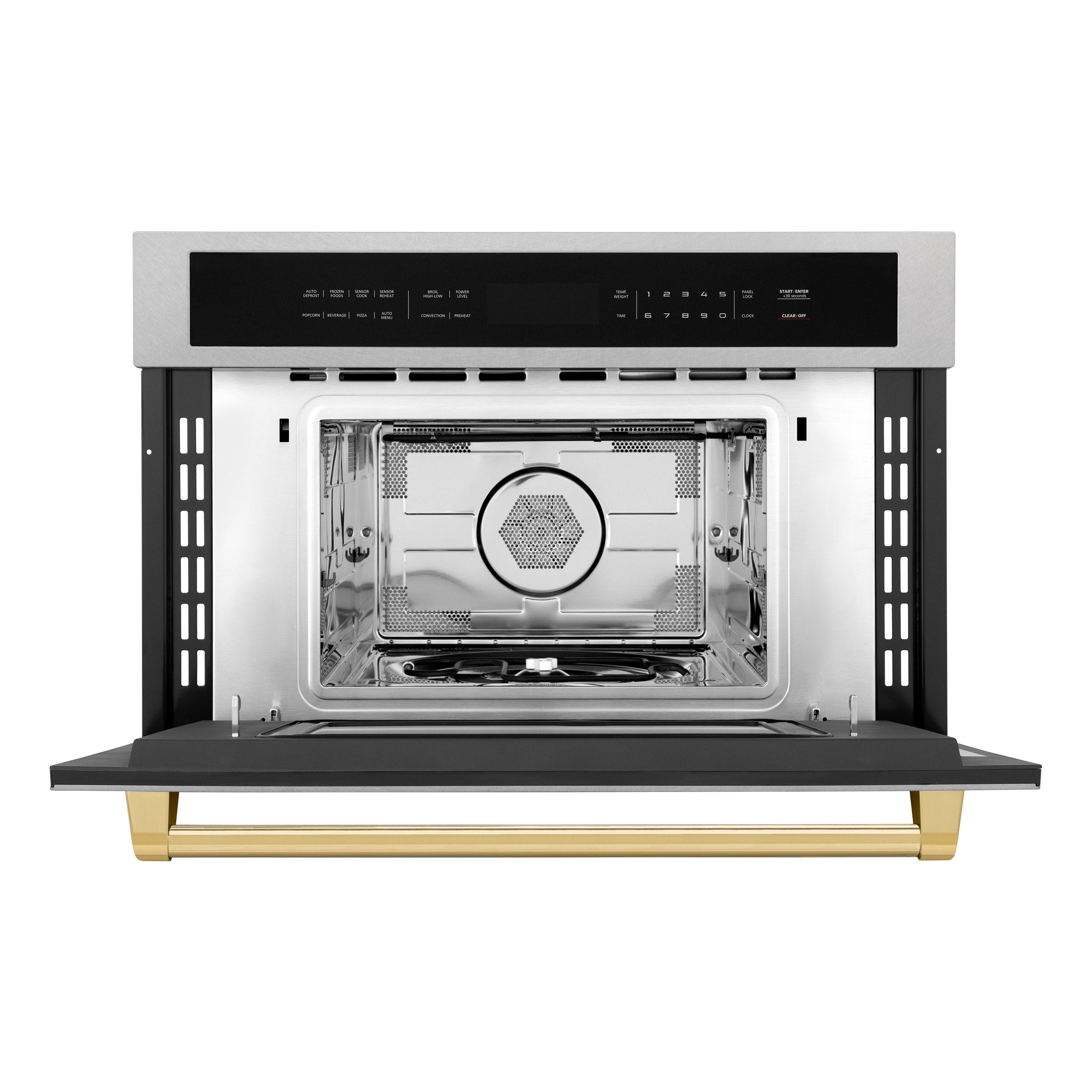 ZLINE Autograph 30" 1.6 cu ft. Built-in Convection Microwave Oven in Satin Stainless Steel and Polished Gold Accents, MWOZ-30-SS-G