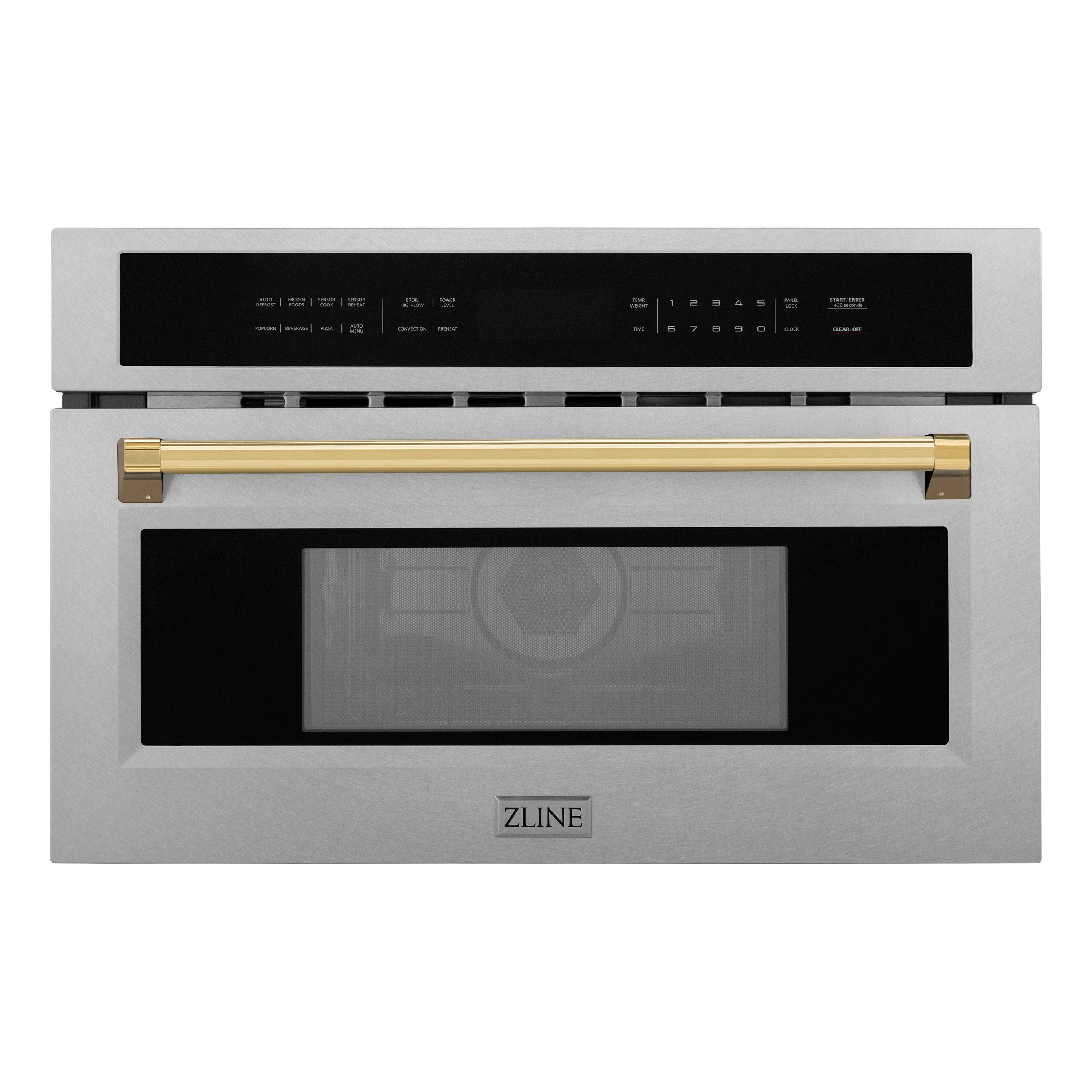 ZLINE Autograph 30" 1.6 cu ft. Built-in Convection Microwave Oven in Satin Stainless Steel and Polished Gold Accents, MWOZ-30-SS-G