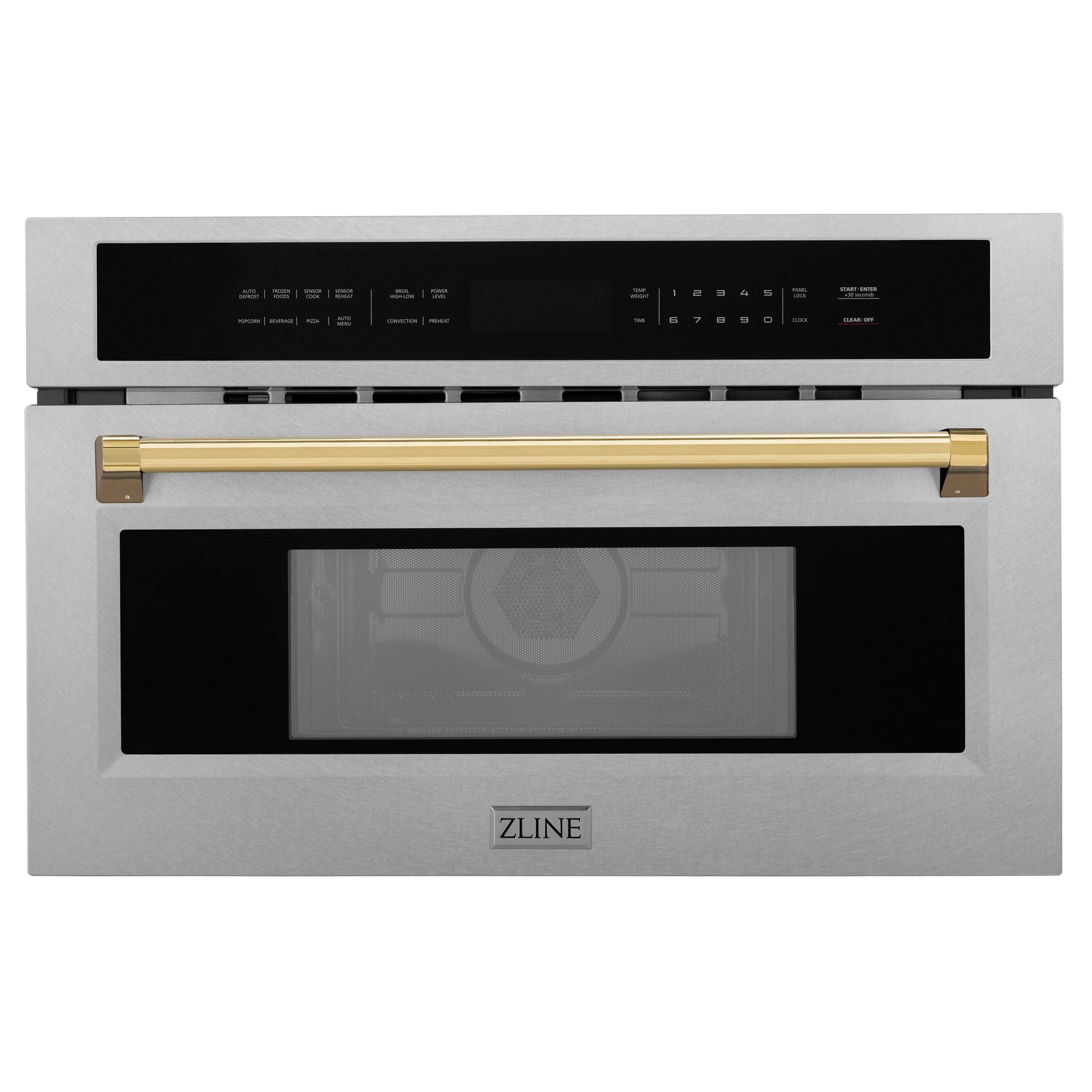 ZLINE Autograph 30" 1.6 cu ft. Built-in Convection Microwave Oven in Satin Stainless Steel and Polished Gold Accents, MWOZ-30-SS-G