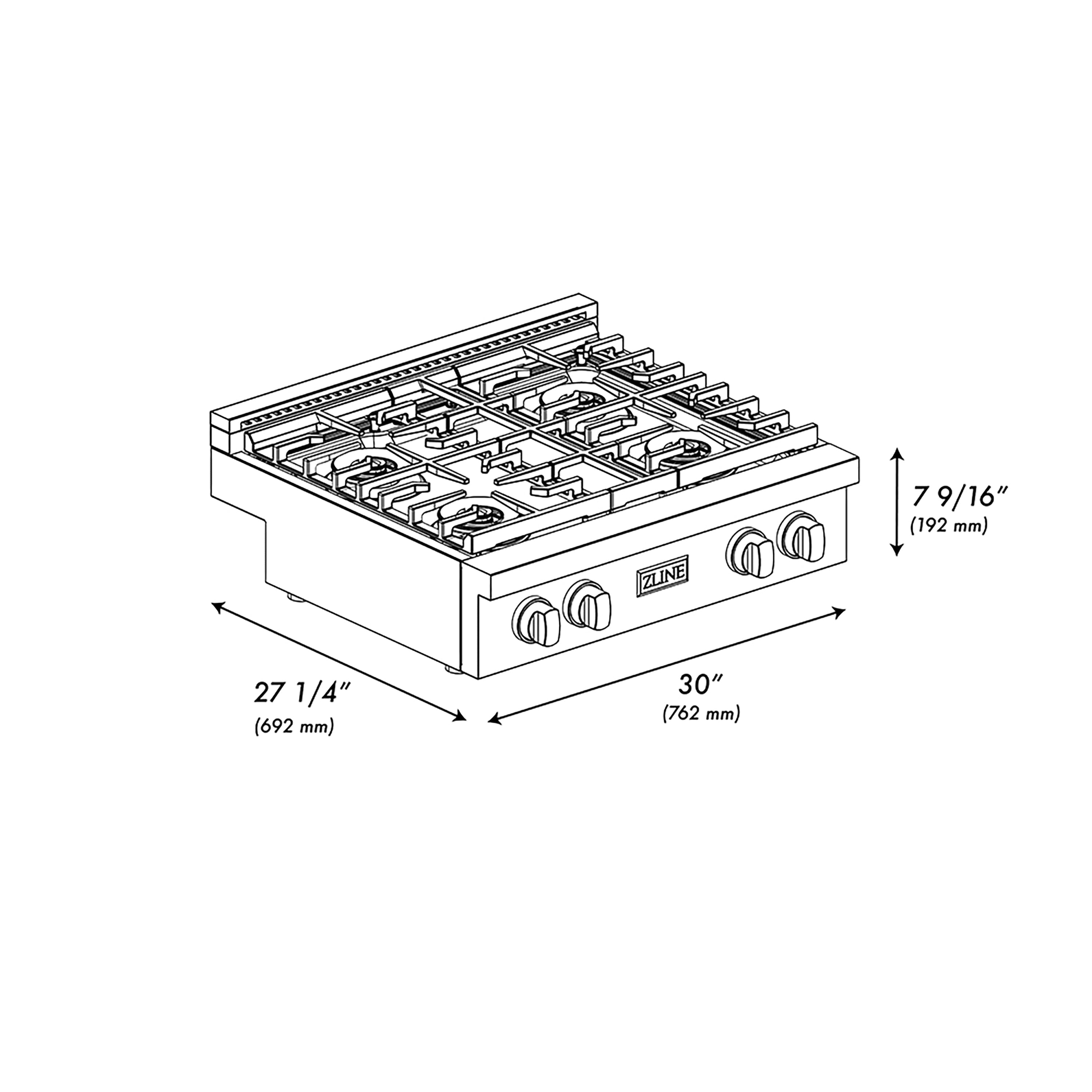 ZLINE Autograph 30" Paramount Gas Rangetop with 4 Burner DuoPro™ Cooktop in Black Stainless Steel and Polished Gold Accents, PSRTBZ-30-G