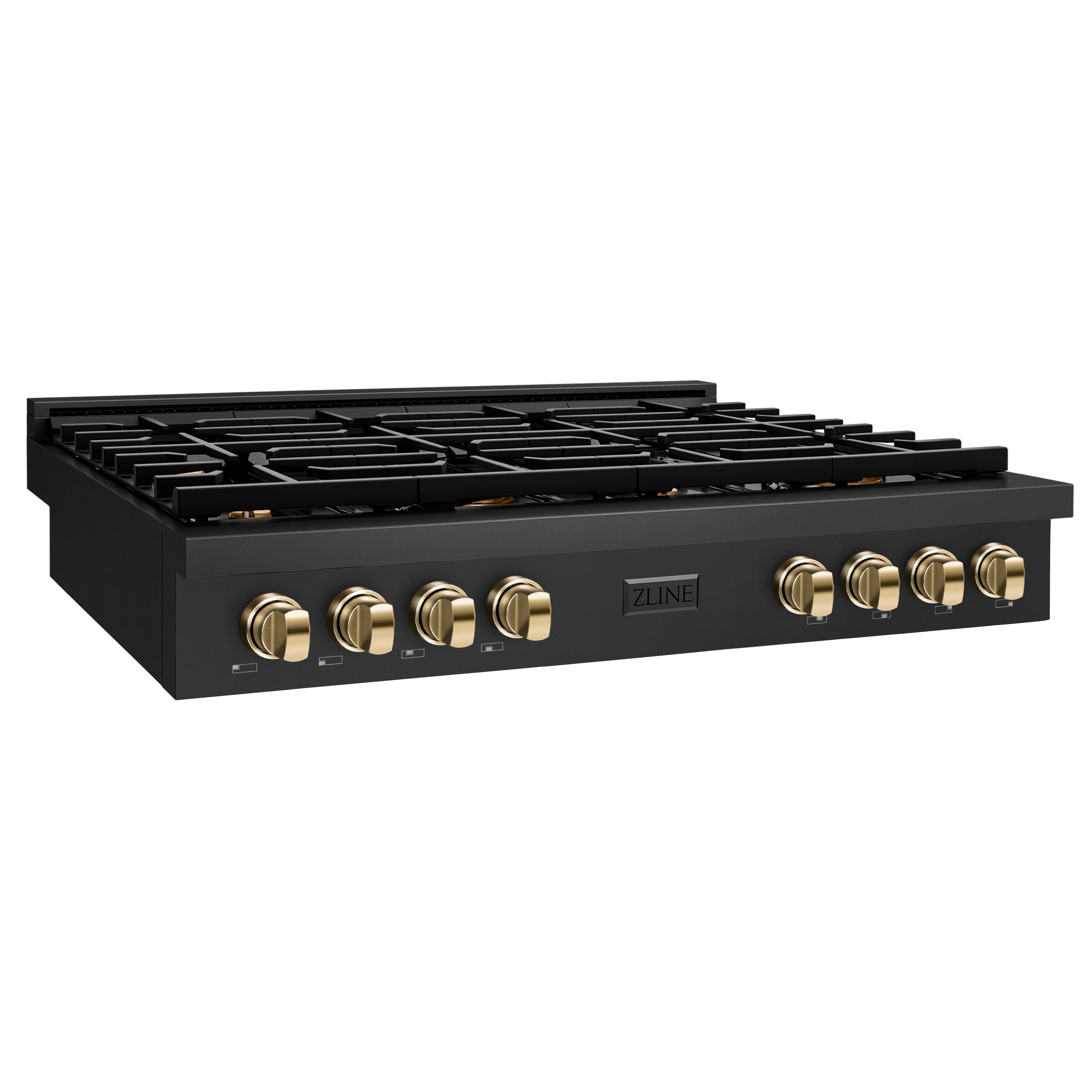 ZLINE Autograph 48" Paramount Gas Rangetop with 8 Burners, Cast Iron Griddle and Porcelain Cooktop in Black Stainless Steel with Polished Gold Accents, SRTBZ-48-G