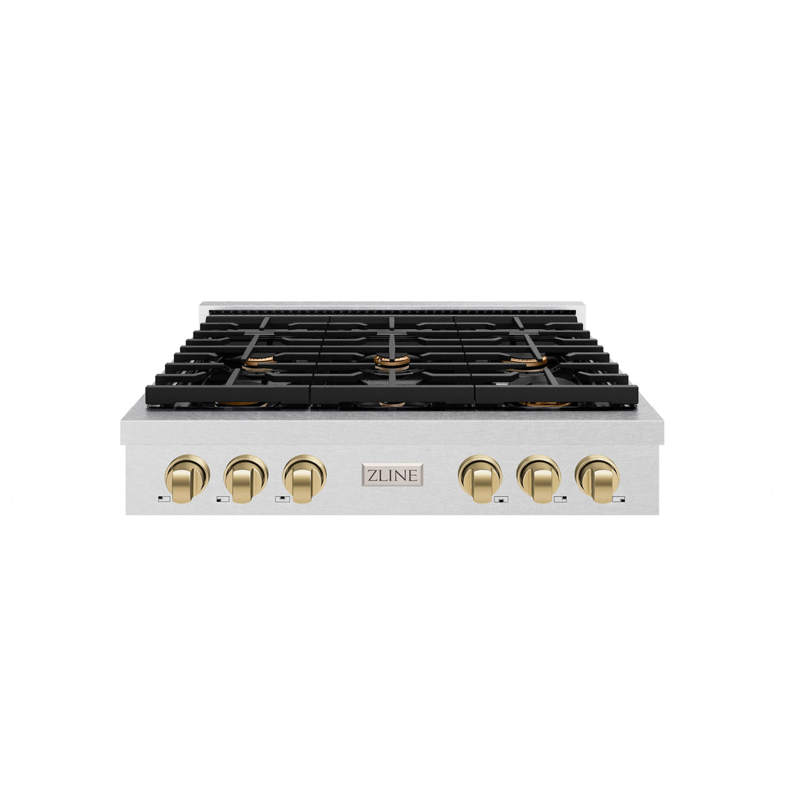 ZLINE 36" Autograph Paramount Gas Rangetop with 6 Burners and Porcelain Cooktop in Satin Stainless Steel with Champagne Bronze Accents, SRTSZ-36-CB