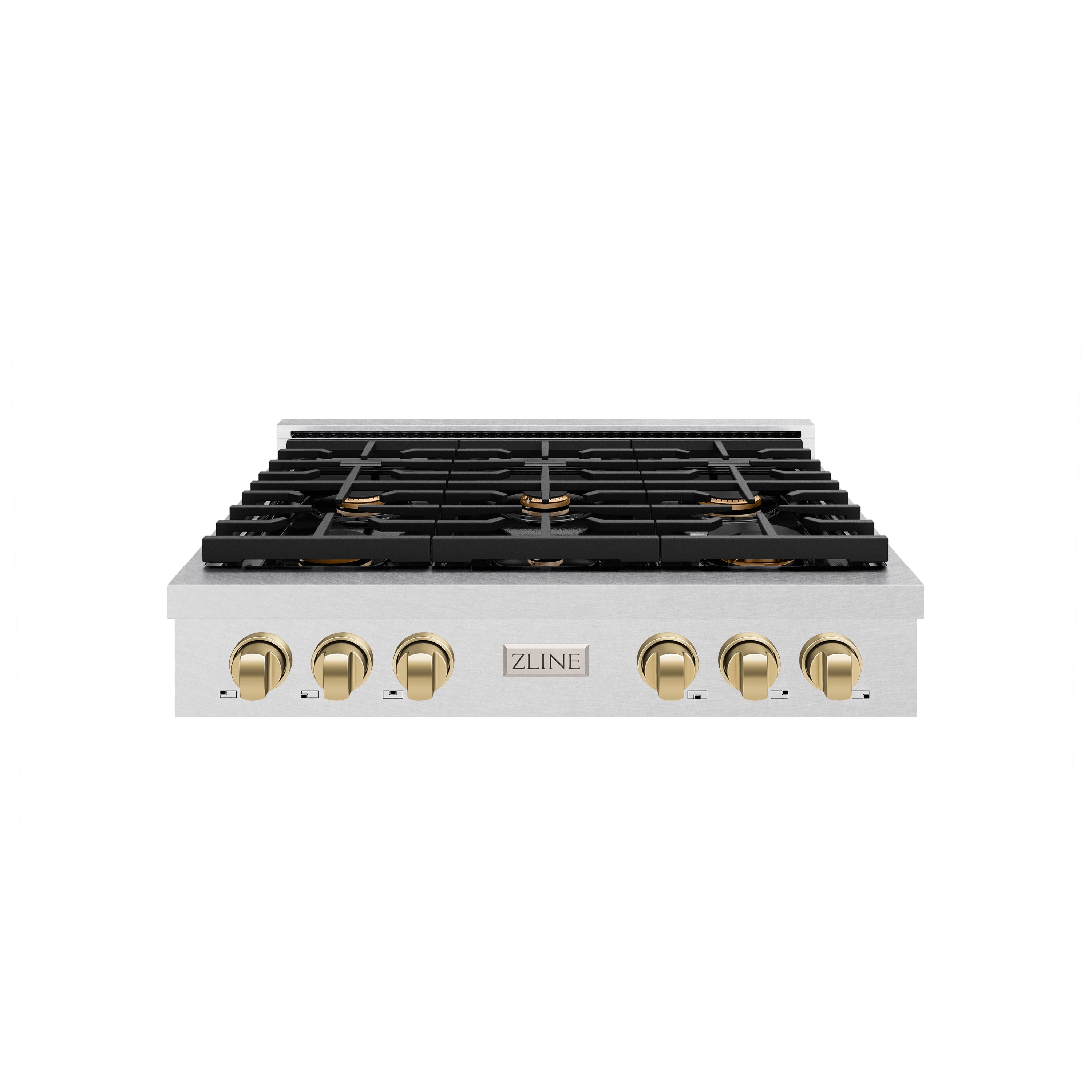 ZLINE 36" Autograph Paramount Gas Rangetop with 6 Burners and Porcelain Cooktop in Satin Stainless Steel with Champagne Bronze Accents, SRTSZ-36-CB