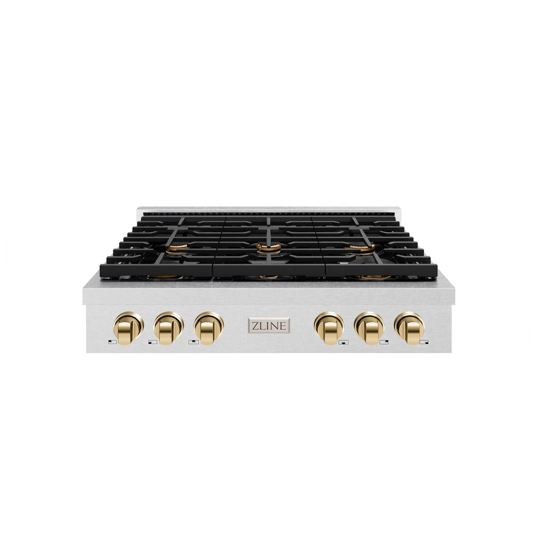 ZLINE 36" Autograph Paramount Gas Rangetop with 6 Burners and Porcelain Cooktop in Satin Stainless Steel with Polished Gold Accents, SRTSZ-36-G