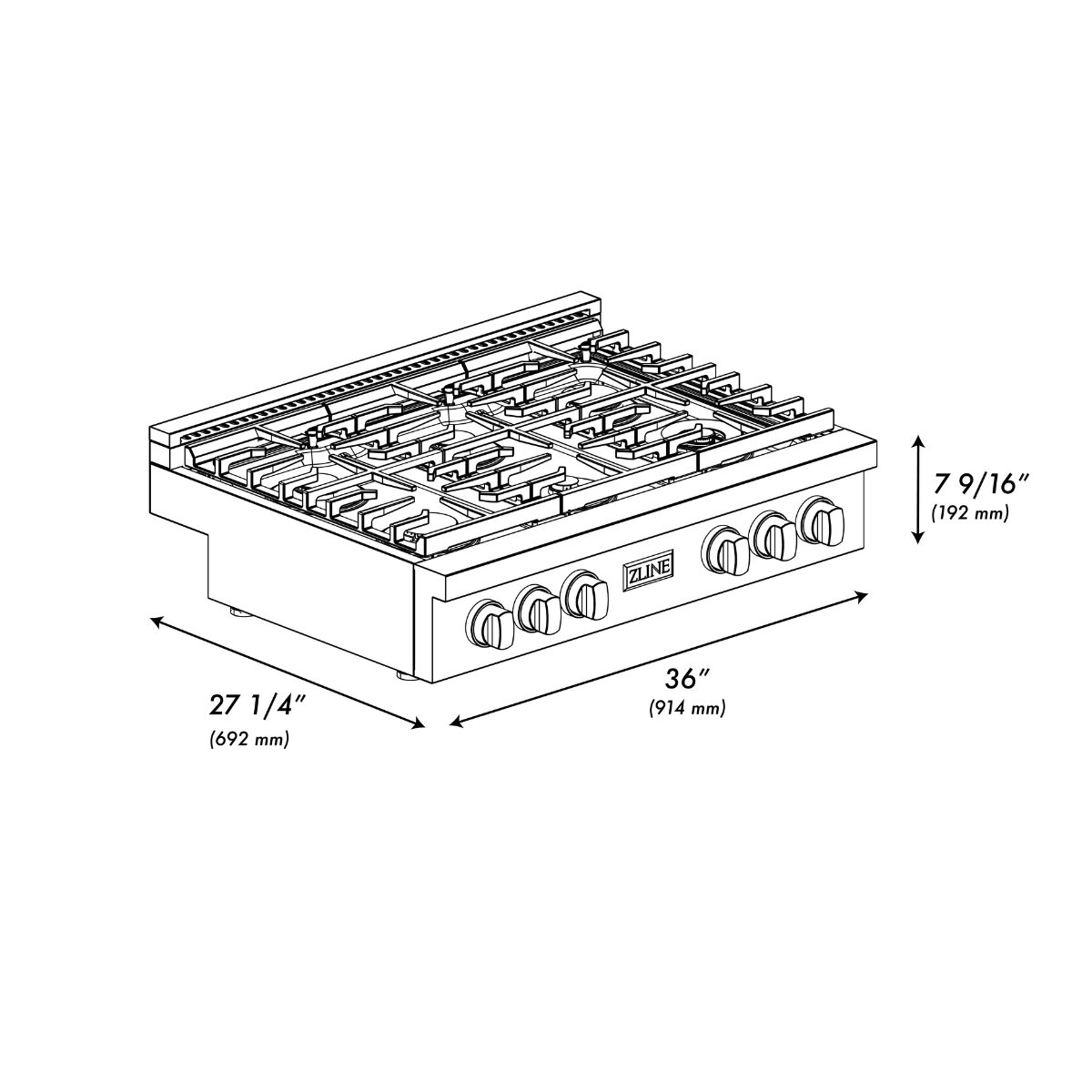 ZLINE 36" Autograph Paramount Gas Rangetop with 6 Burners and Porcelain Cooktop in Satin Stainless Steel with Matte Black Accents, SRTSZ-36-MB