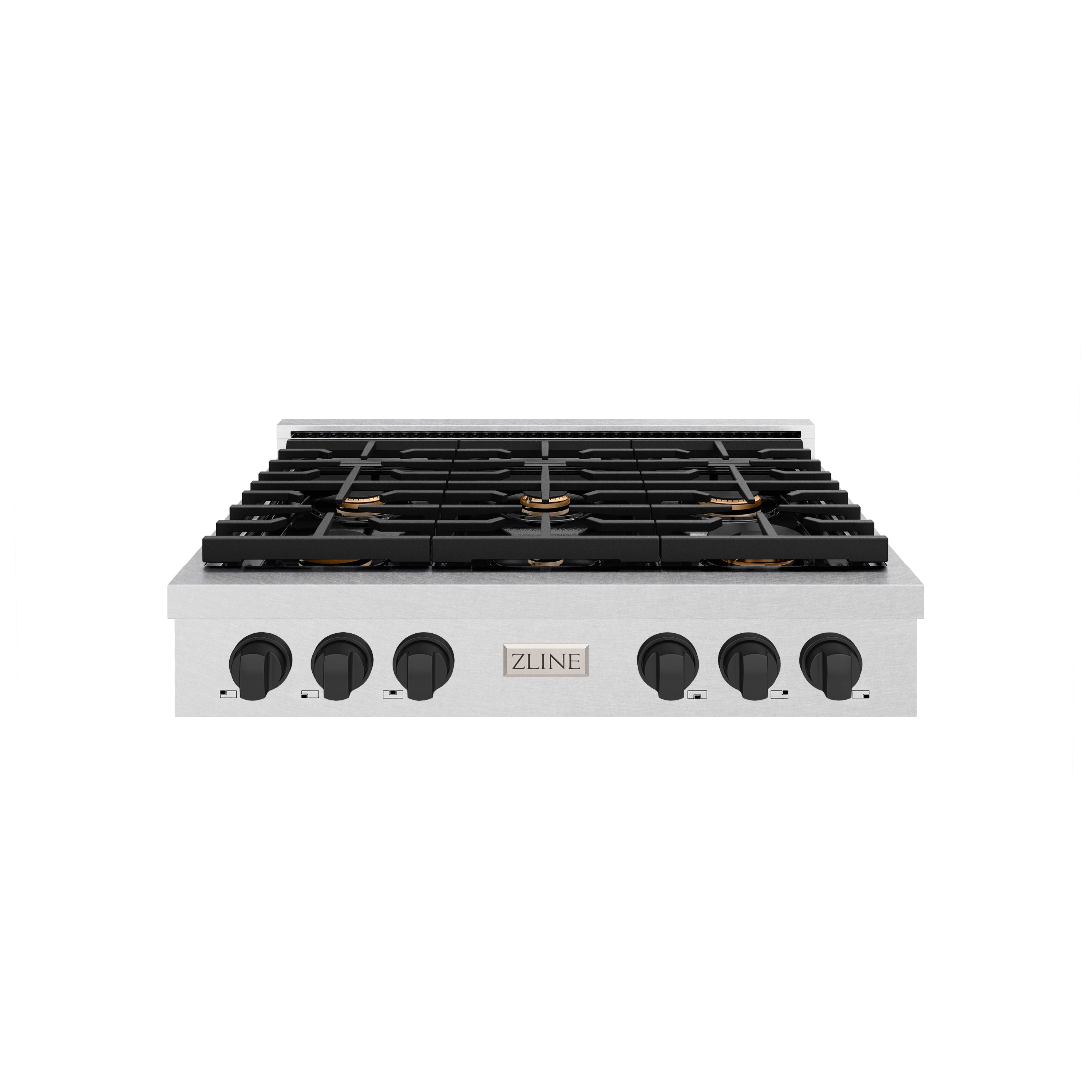ZLINE 36" Autograph Paramount Gas Rangetop with 6 Burners and Porcelain Cooktop in Satin Stainless Steel with Matte Black Accents, SRTSZ-36-MB