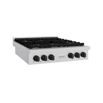 ZLINE 36" Autograph Paramount Gas Rangetop with 6 Burners and Porcelain Cooktop in Satin Stainless Steel with Matte Black Accents, SRTSZ-36-MB
