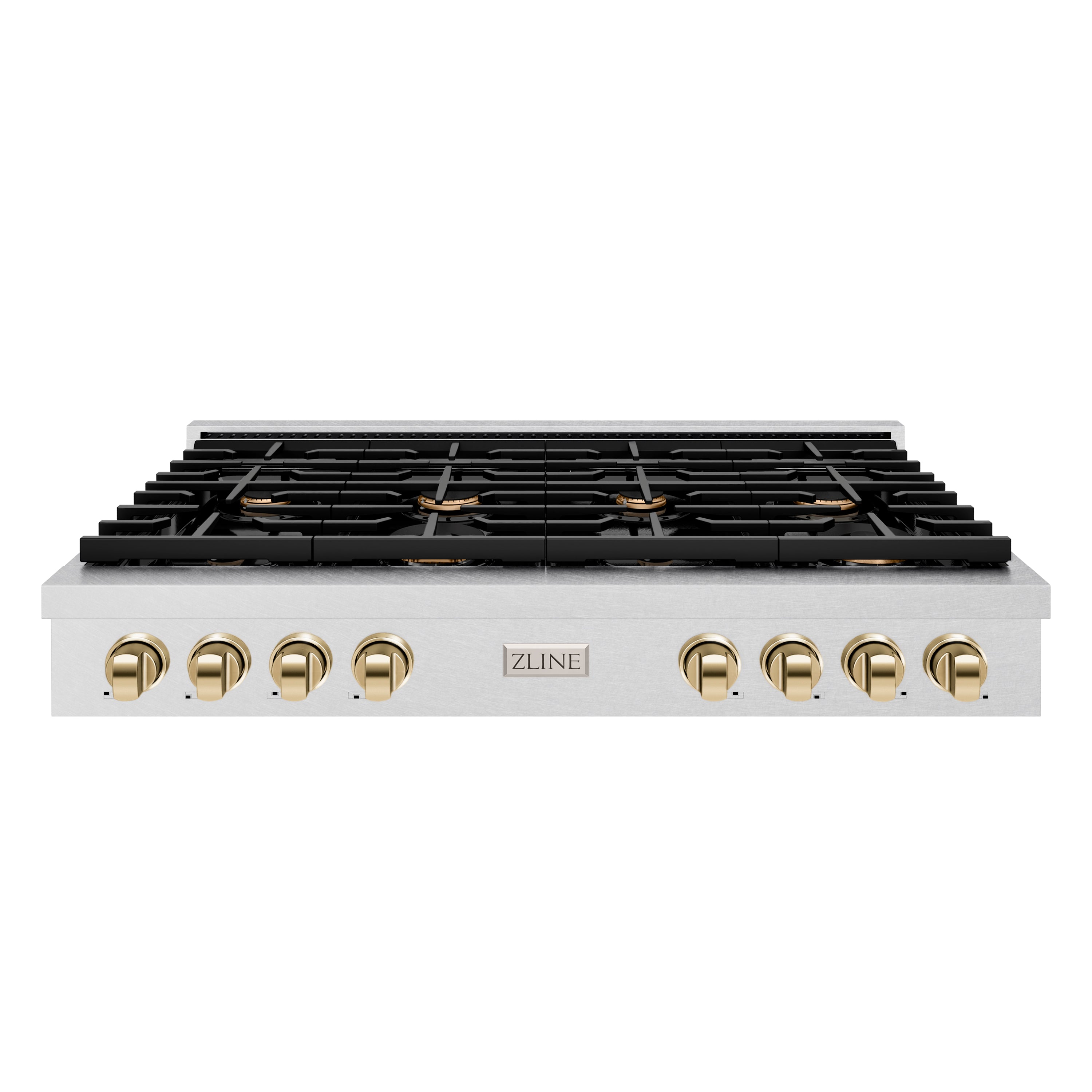 ZLINE 48" Autograph Paramount Gas Rangetop with 8 Burners and Porcelain Cooktop in Satin Stainless Steel with Polished Gold Accents, SRTSZ-48-G