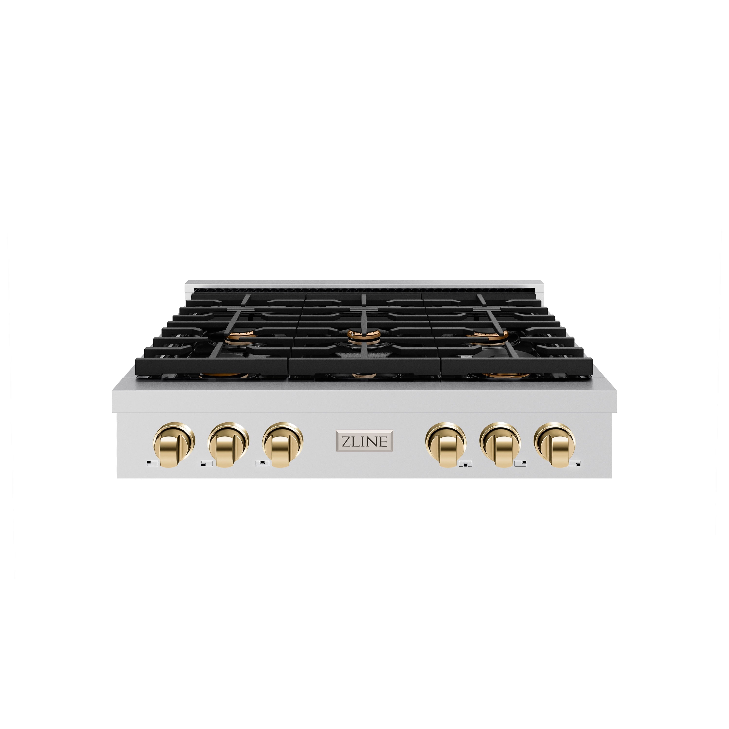 ZLINE Autograph 36" Paramount Gas Rangetop with 6 Burners and Porcelain Cooktop in Stainless Steel with Polished Gold Accents, SRTZ-36-G
