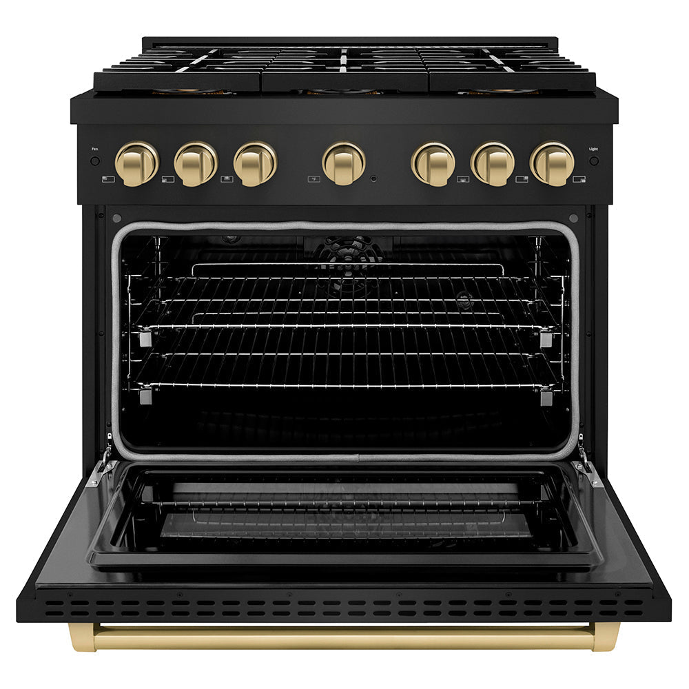 ZLINE 36 in. Dual Fuel Range 5.2 cu. ft. 6 Burner DuoPro™ Cooktop Electric Convection Oven Black Stainless Steel Champagne Bronze Accents (PSDRBZ-36-CB)