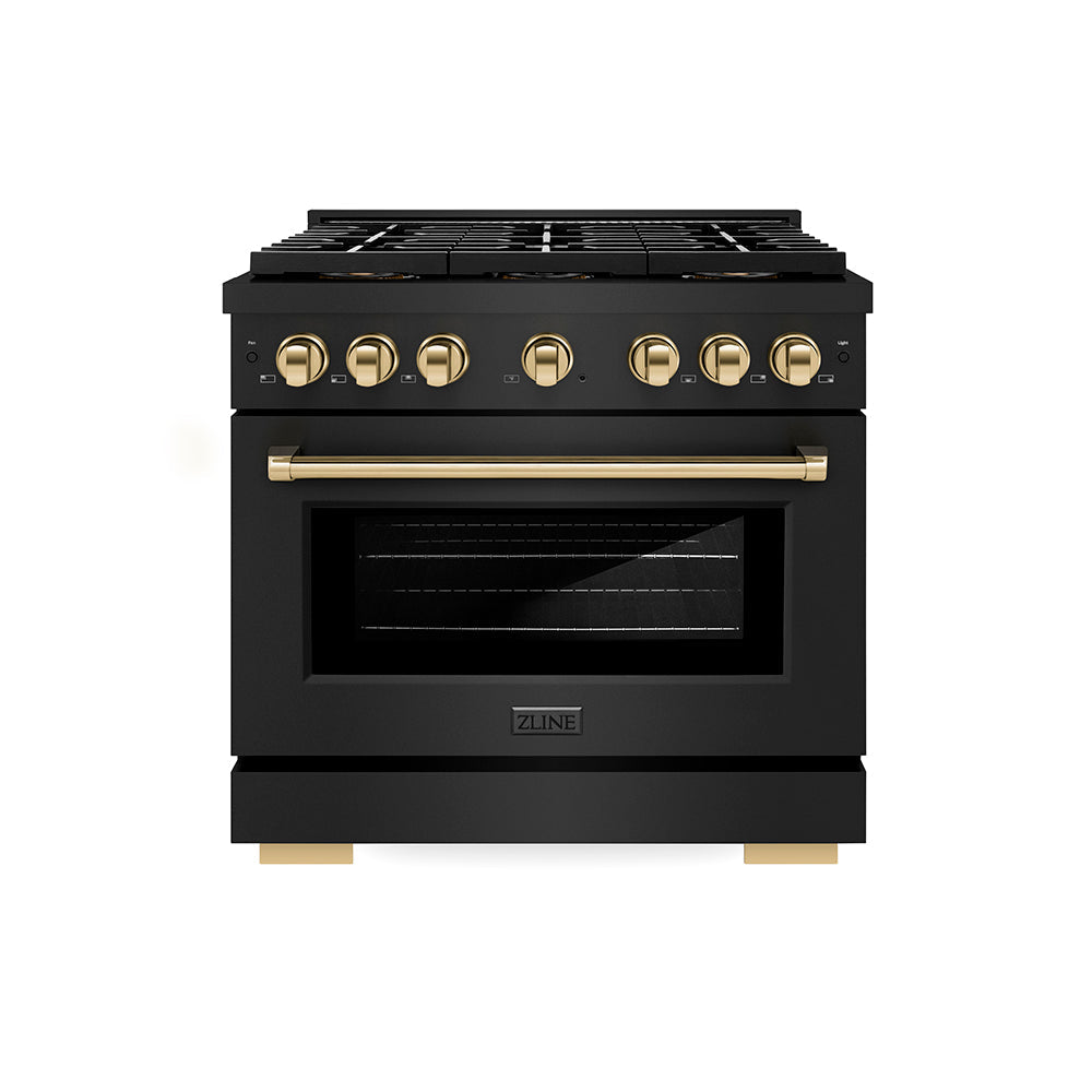 ZLINE 36 in. Dual Fuel Range 5.2 cu. ft. with 6 Burner DuoPro™ Cooktop, Electric Convection Oven, Black Stainless Steel & Polished Gold Accents (PSDRBZ-36-G)