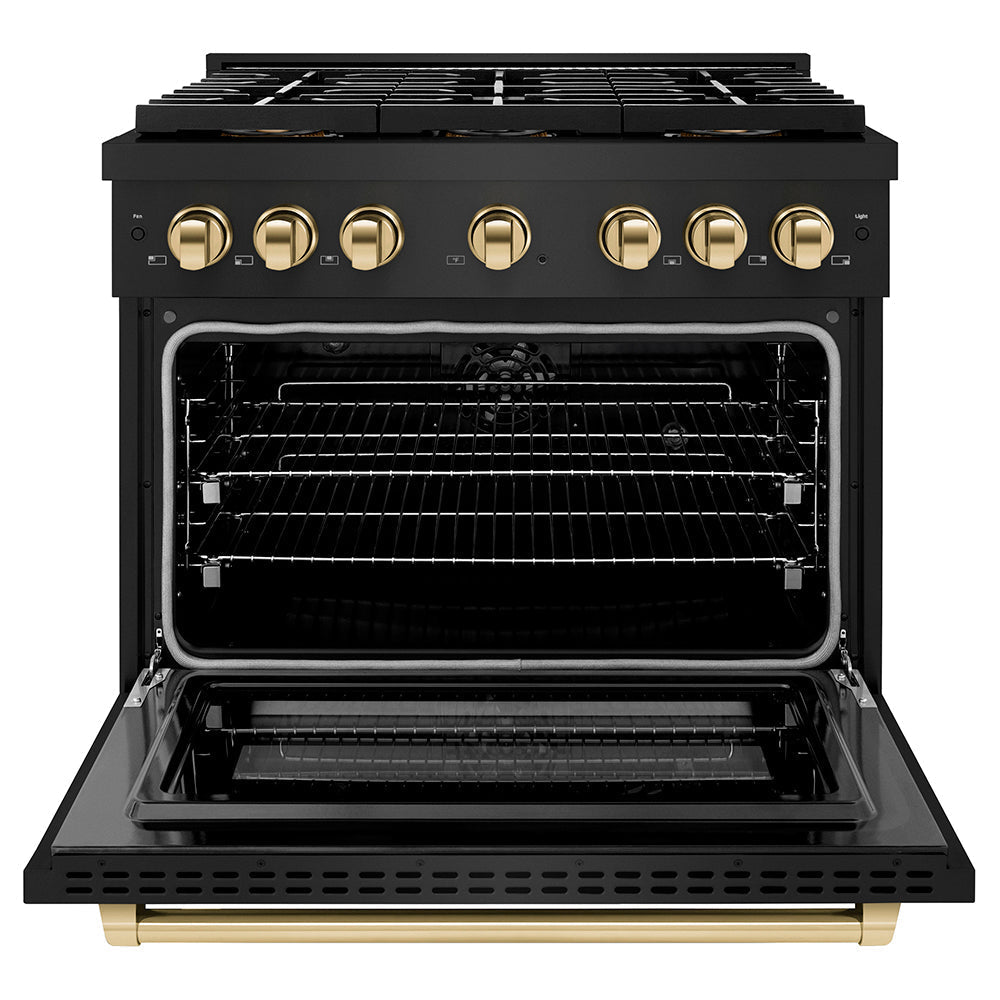 ZLINE 36 in. Dual Fuel Range 5.2 cu. ft. with 6 Burner DuoPro™ Cooktop, Electric Convection Oven, Black Stainless Steel & Polished Gold Accents (PSDRBZ-36-G)