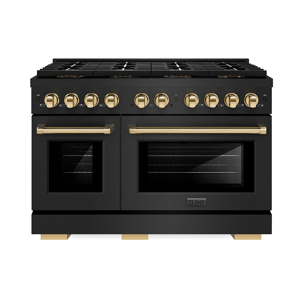 ZLINE 48 in. Dual Fuel Range 6.7 cu. ft. with 8 Burner DuoPro™ Cooktop, Dual Ovens, Black Stainless Steel & Polished Gold Accents (PSDRBZ-48-G)