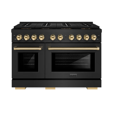 ZLINE 48 in. Dual Fuel Range 6.7 cu. ft. with 8 Burner DuoPro™ Cooktop, Dual Ovens, Black Stainless Steel & Polished Gold Accents (PSDRBZ-48-G)
