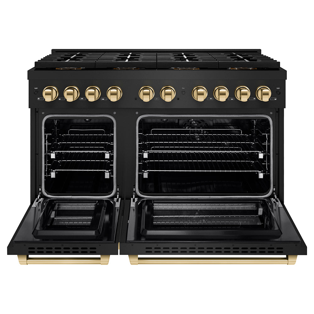 ZLINE 48 in. Dual Fuel Range 6.7 cu. ft. with 8 Burner DuoPro™ Cooktop, Dual Ovens, Black Stainless Steel & Polished Gold Accents (PSDRBZ-48-G)