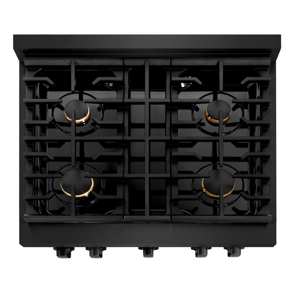ZLINE Paramount 30 in. Dual Fuel Range with 4 Brass Burners and 4.2 cu. ft. Electric Convection Oven in Black Stainless Steel (SDRB-BR-30)