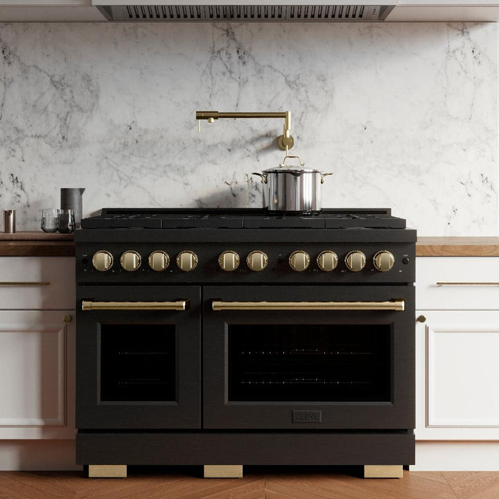 ZLINE Autograph Edition 48 in. Paramount Double Oven Dual Fuel Range with 8 Gas Burners in Black Stainless Steel with Champagne Bronze Accents, 6.7 cu. ft., SDRBZ-48-CB