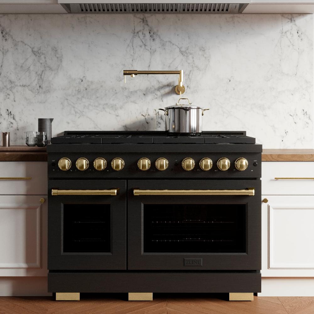 ZLINE Autograph Edition 48 in. 6.7 cu. ft. Paramount Double Oven Dual Fuel Range with 8 Burner Gas Cooktop in Black Stainless Steel with Polished Gold Accents (SDRBZ-48-G)