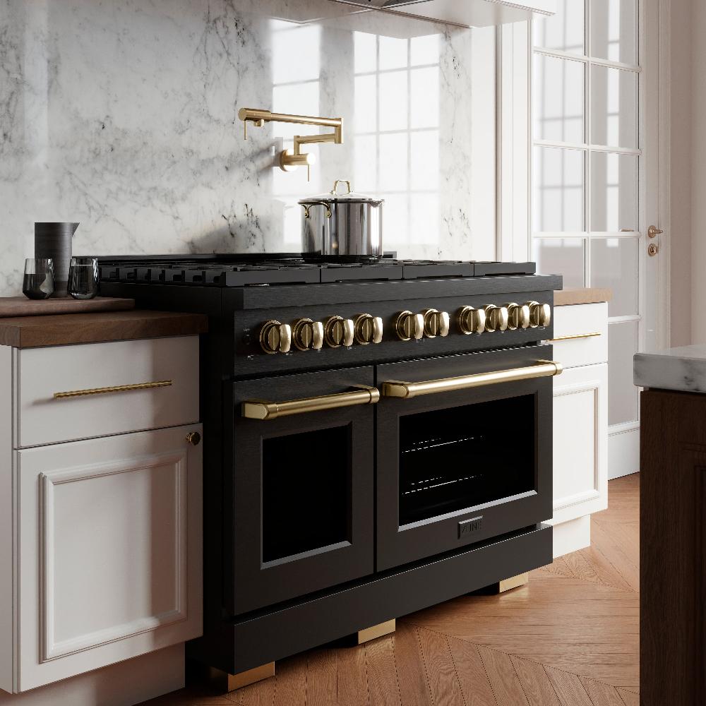 ZLINE Autograph Edition 48 in. 6.7 cu. ft. Paramount Double Oven Dual Fuel Range with 8 Burner Gas Cooktop in Black Stainless Steel with Polished Gold Accents (SDRBZ-48-G)