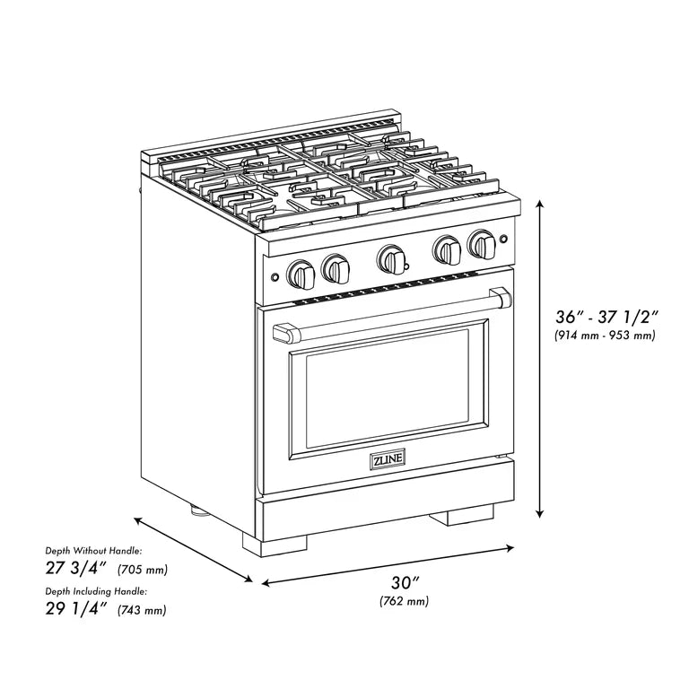 ZLINE Paramount 30-Inch Gas Range with 4 Burners and 4.2 cu. ft. Convection Oven in Black Stainless Steel (Model SGRB-30)