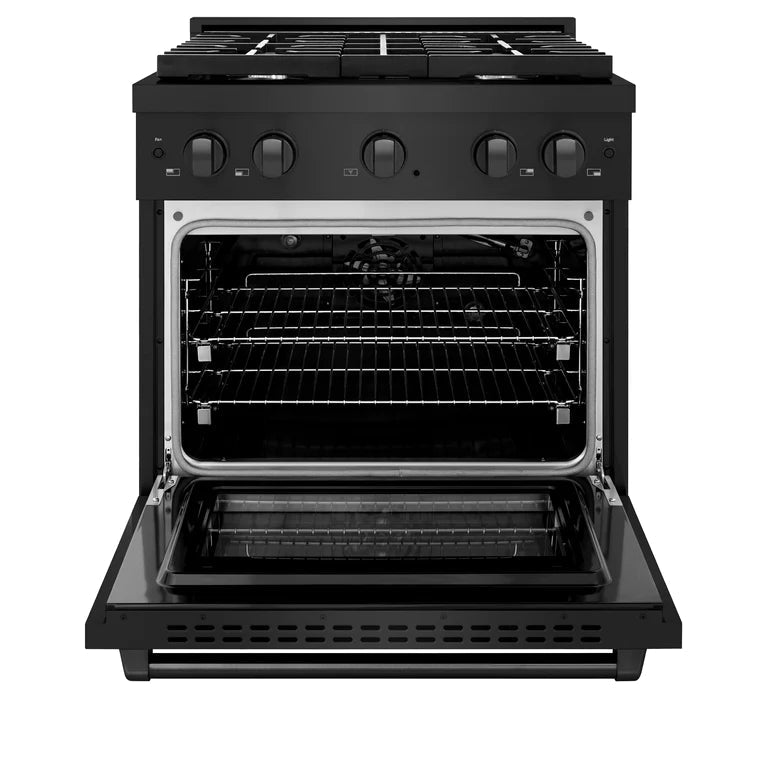 ZLINE Appliance Package - 30 in. Gas Range, Range Hood, Microwave, Refrigerator in Black Stainless, 4KPR-SGRBRH30-MW