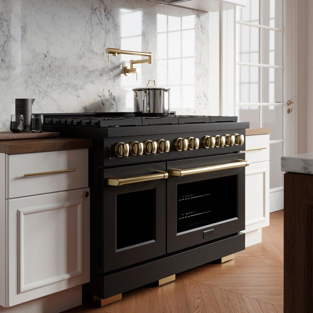 ZLINE Autograph Edition 48 in. 6.7 cu. ft. Paramount Double Oven Gas Range with 8 Burners in Black Stainless Steel with Gold Accents (SGRBZ-48-G)