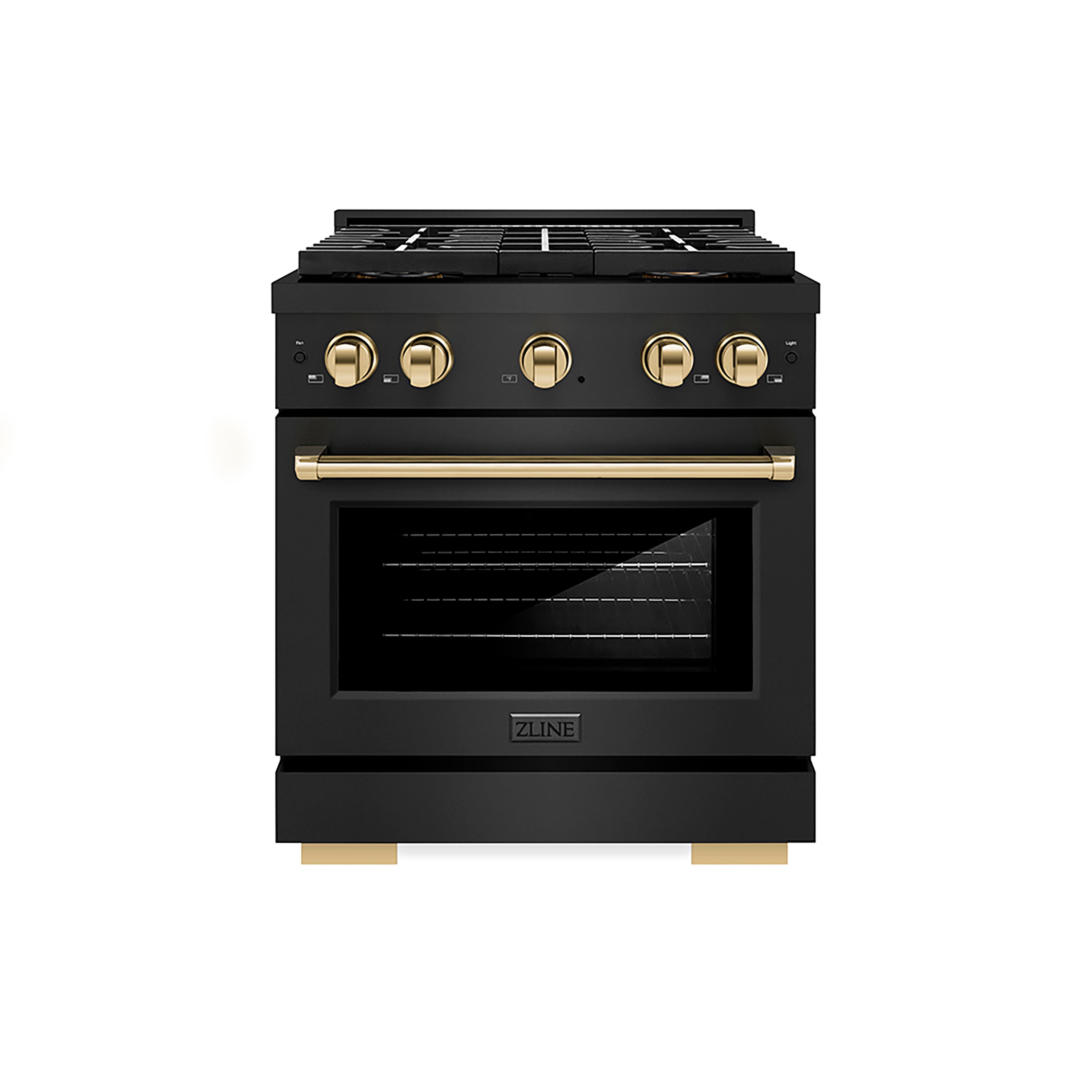 ZLINE 30 in. Gas Range 4.2 cu. ft. 4 Burner DuoPro™ Cooktop Convection Oven Black Stainless Steel Polished Gold Accents (PSGRBZ-30-G)