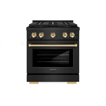 ZLINE 30 in. Gas Range 4.2 cu. ft. 4 Burner DuoPro™ Cooktop Convection Oven Black Stainless Steel Polished Gold Accents (PSGRBZ-30-G)