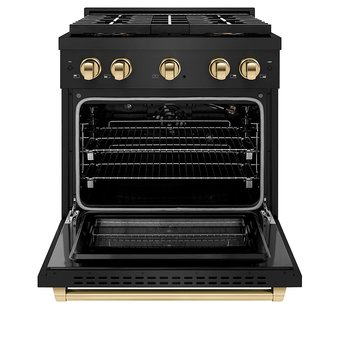 ZLINE 30 in. Gas Range 4.2 cu. ft. 4 Burner DuoPro™ Cooktop Convection Oven Black Stainless Steel Polished Gold Accents (PSGRBZ-30-G)