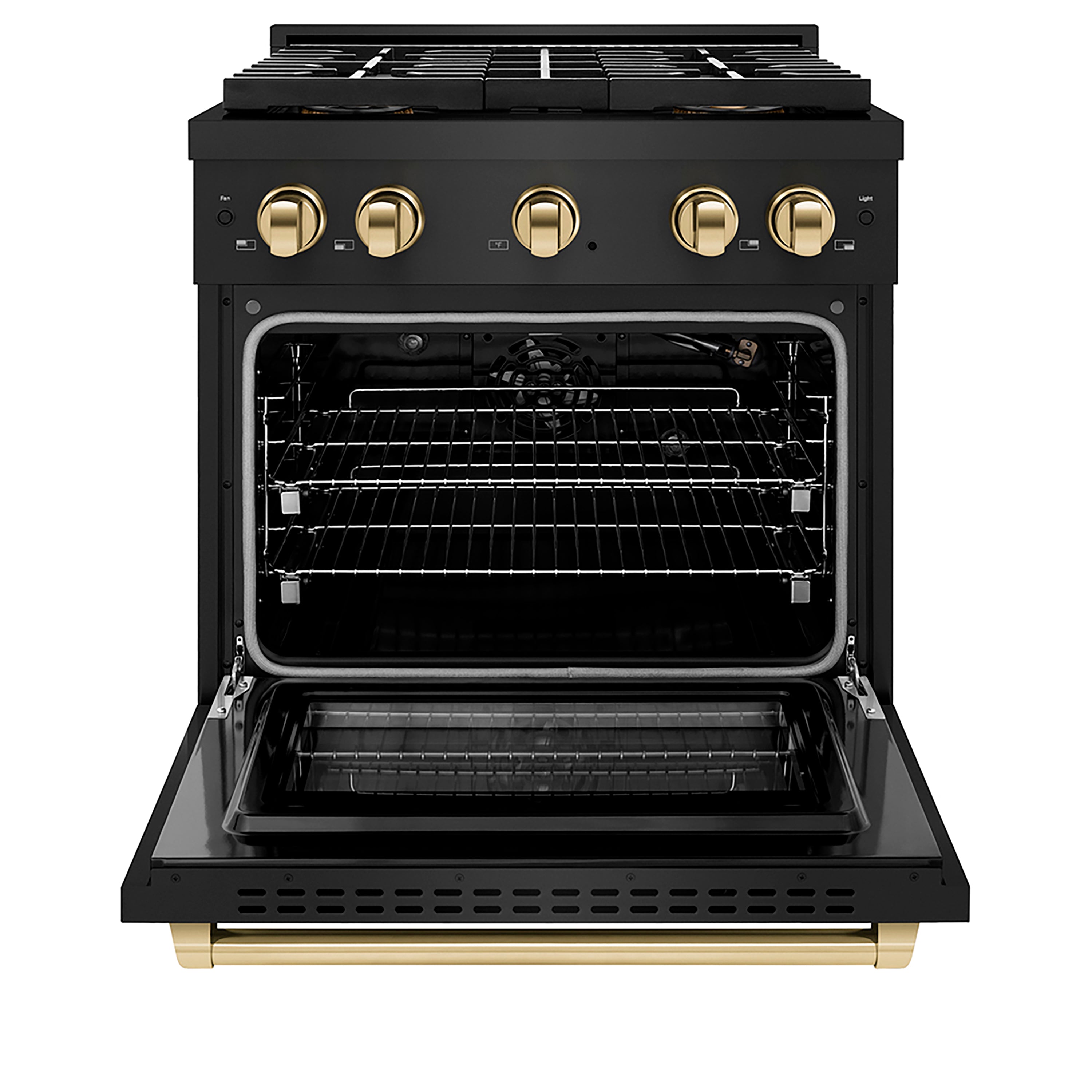 ZLINE 30 in. Gas Range 4.2 cu. ft. 4 Burner DuoPro™ Cooktop Convection Oven Black Stainless Steel Polished Gold Accents (PSGRBZ-30-G)