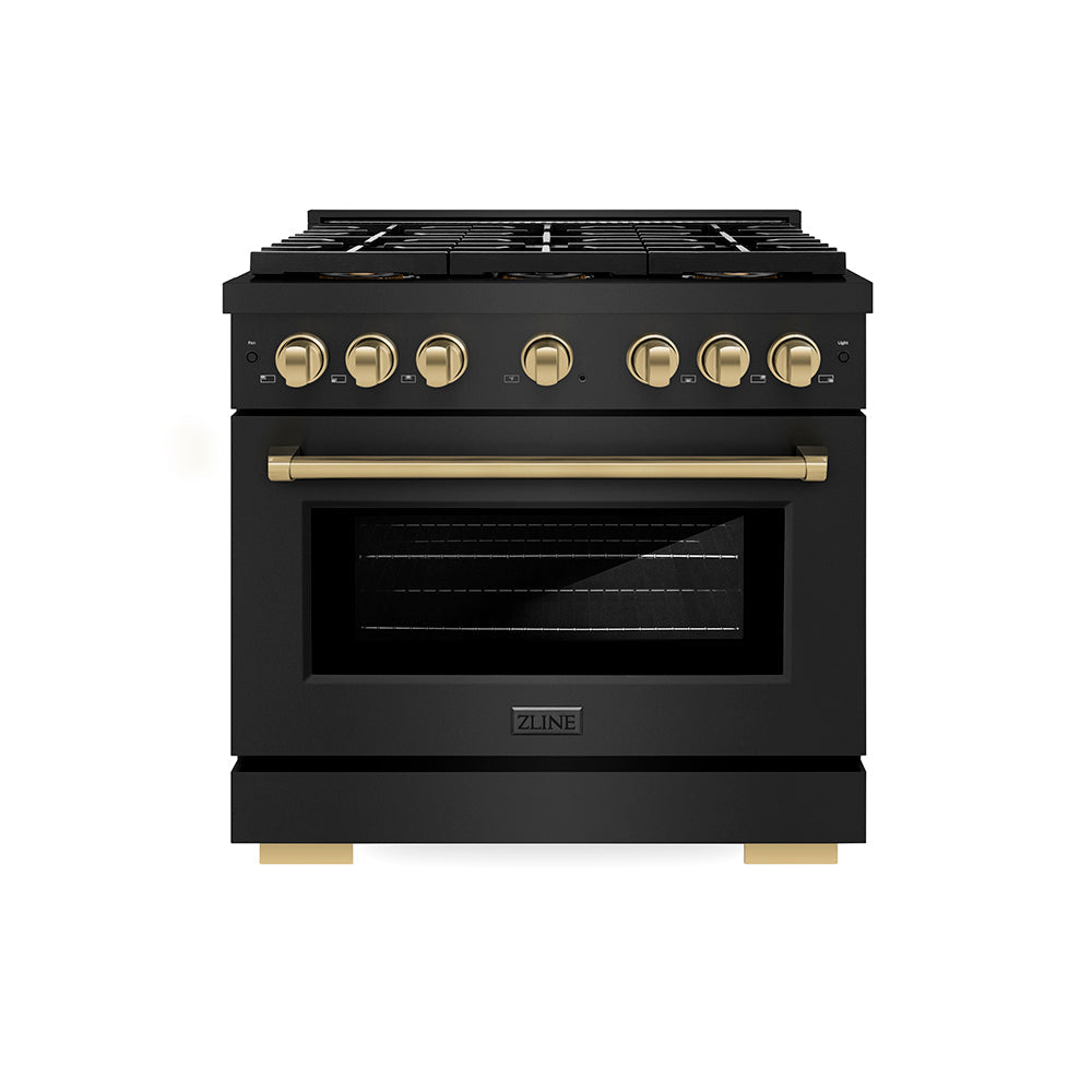 ZLINE 36 in. Gas Range – Paramount Series – 5.2 cu. ft. Capacity – 6 Burner DuoPro™ Cooktop, Convection Gas Oven, Black Stainless Steel with Champagne Bronze Accents (PSGRBZ-36-CB)