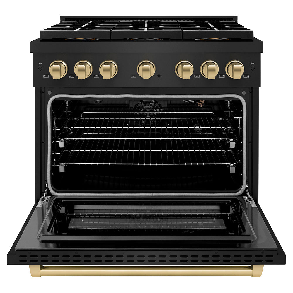 ZLINE 36 in. Gas Range – Paramount Series – 5.2 cu. ft. Capacity – 6 Burner DuoPro™ Cooktop, Convection Gas Oven, Black Stainless Steel with Champagne Bronze Accents (PSGRBZ-36-CB)