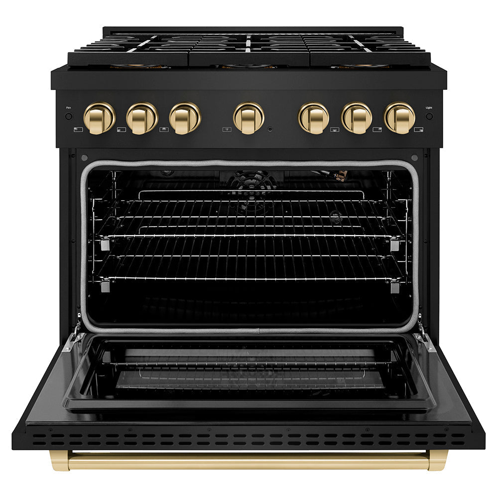 ZLINE 36 in. Gas Range 5.2 cu. ft. 6 Burner DuoPro™ Cooktop Convection Gas Oven Black Stainless Steel with Polished Gold Accents (PSGRBZ-36-G)