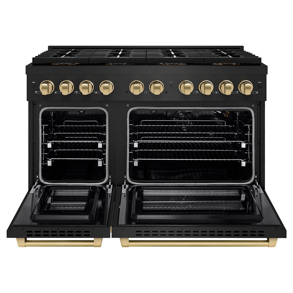 ZLINE 48 in. Gas Range 6.7 cu. ft. 8 Burner DuoPro™ Cooktop Dual Ovens Black Stainless Steel with Champagne Bronze Accents (PSGRBZ-48-CB)