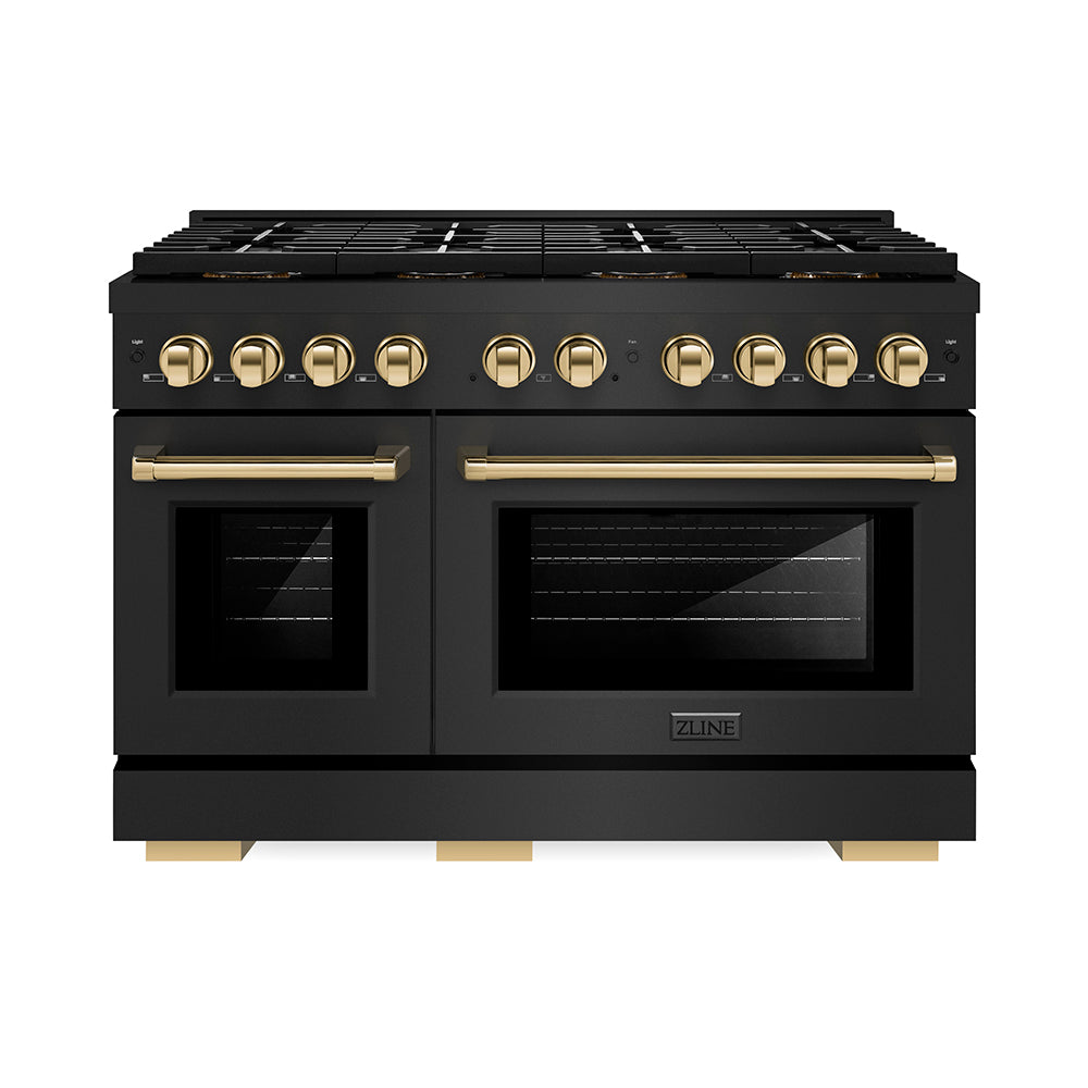 ZLINE 48 in. Gas Range – Paramount Series – 6.7 cu. ft. Dual Oven Capacity – 8 Burner DuoPro™ Cooktop – Black Stainless Steel with Polished Gold Accents (PSGRBZ-48-G)