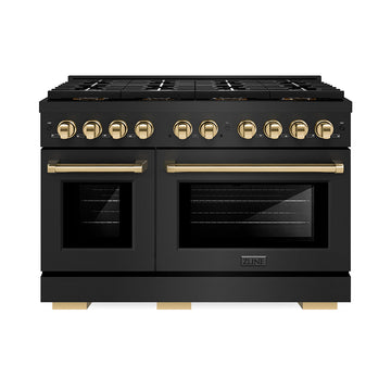 ZLINE 48 in. Gas Range – Paramount Series – 6.7 cu. ft. Dual Oven Capacity – 8 Burner DuoPro™ Cooktop – Black Stainless Steel with Polished Gold Accents (PSGRBZ-48-G)