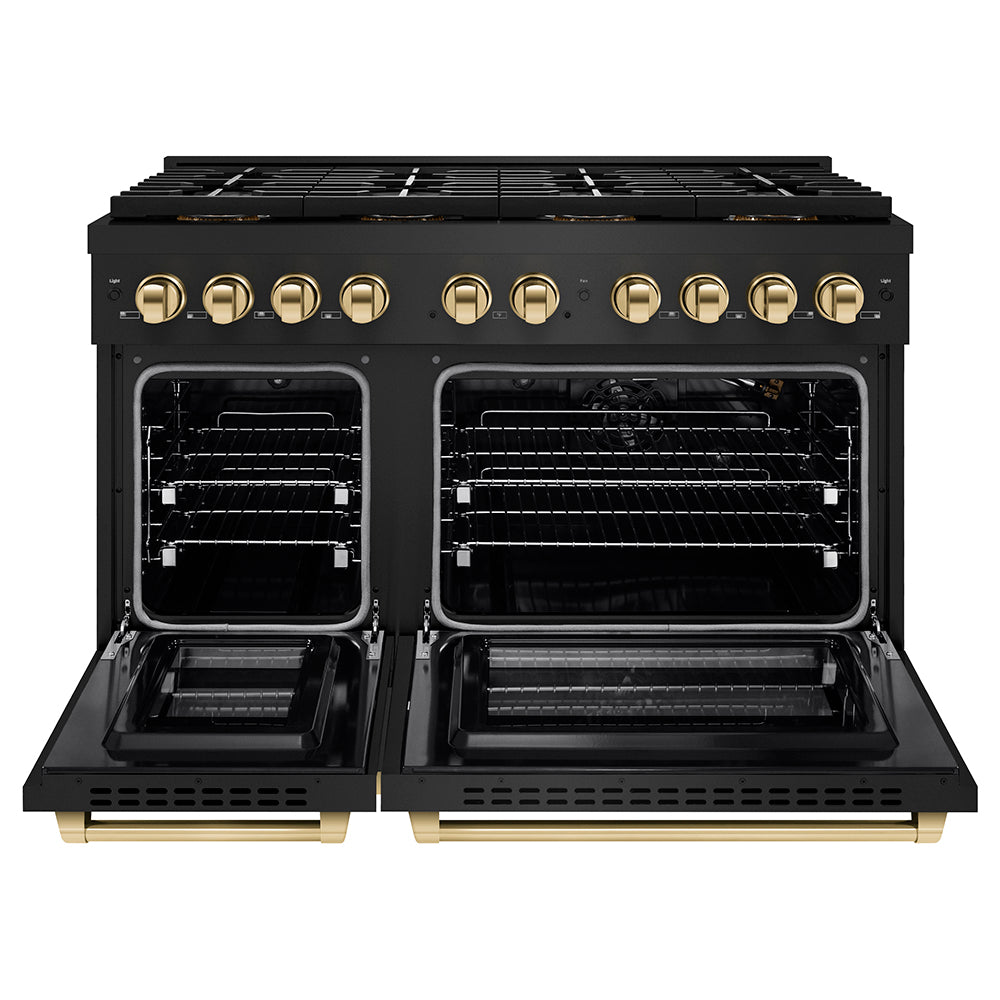 ZLINE 48 in. Gas Range – Paramount Series – 6.7 cu. ft. Dual Oven Capacity – 8 Burner DuoPro™ Cooktop – Black Stainless Steel with Polished Gold Accents (PSGRBZ-48-G)