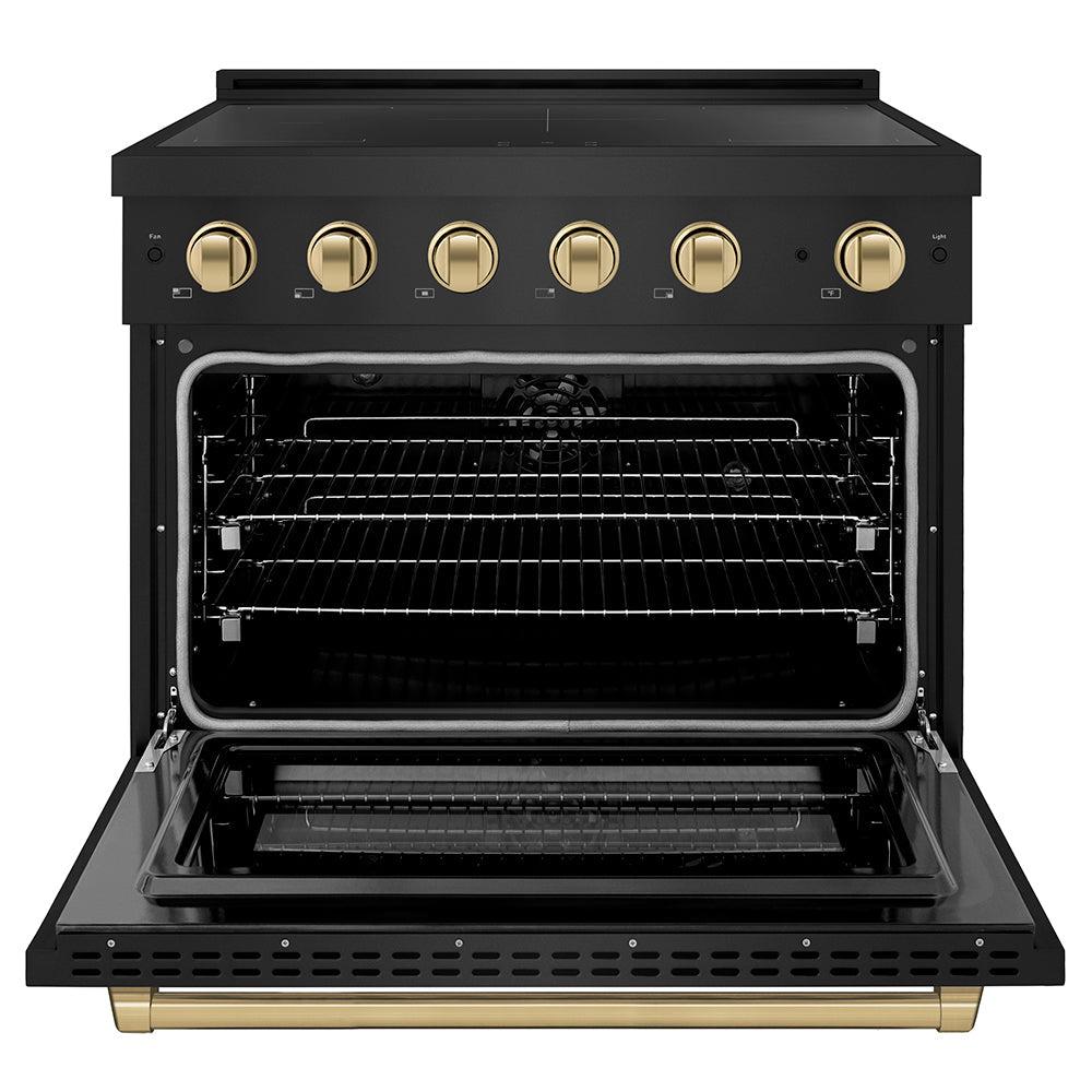 ZLINE 36 in. Induction Range 5.2 cu. ft. 5 Element Cooktop Electric Convection Oven Black Stainless Steel Polished Gold Accents (SINRBZ-36-G)