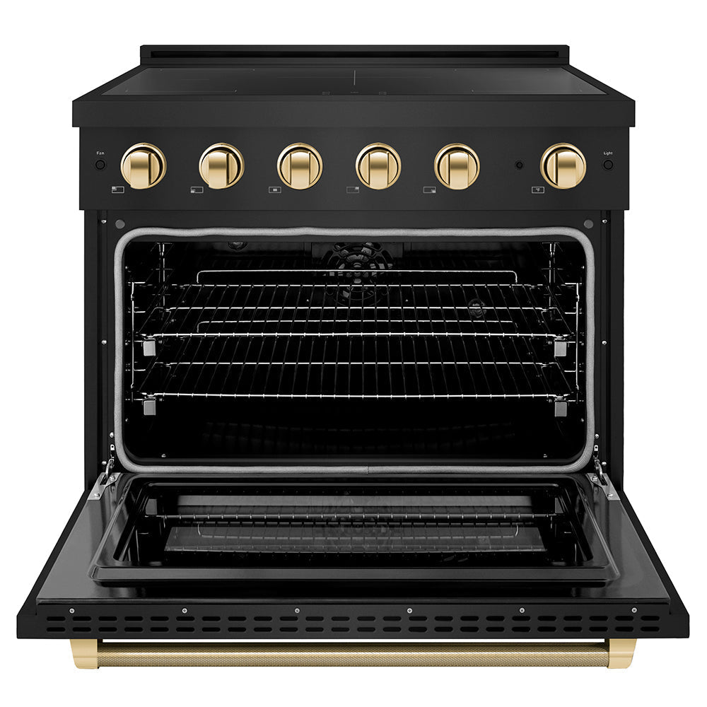 ZLINE 36 in. Induction Range 5.2 cu. ft. Electric Convection Oven 5 Elements Black Stainless Steel Polished Gold Accents (SINRBZ-36-KG)
