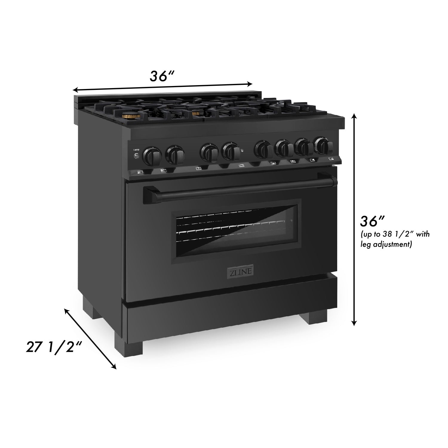 ZLINE 36-Inch Professional Dual Fuel Range, Black Stainless Steel, Brass Burners, Model RAB-BR-36