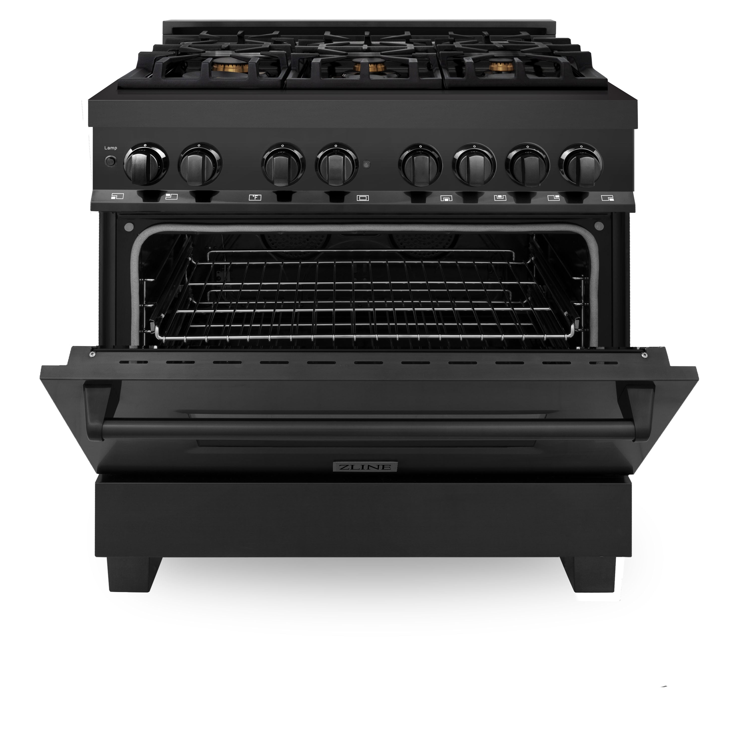 ZLINE 36-Inch Professional Dual Fuel Range, Black Stainless Steel, Brass Burners, Model RAB-BR-36