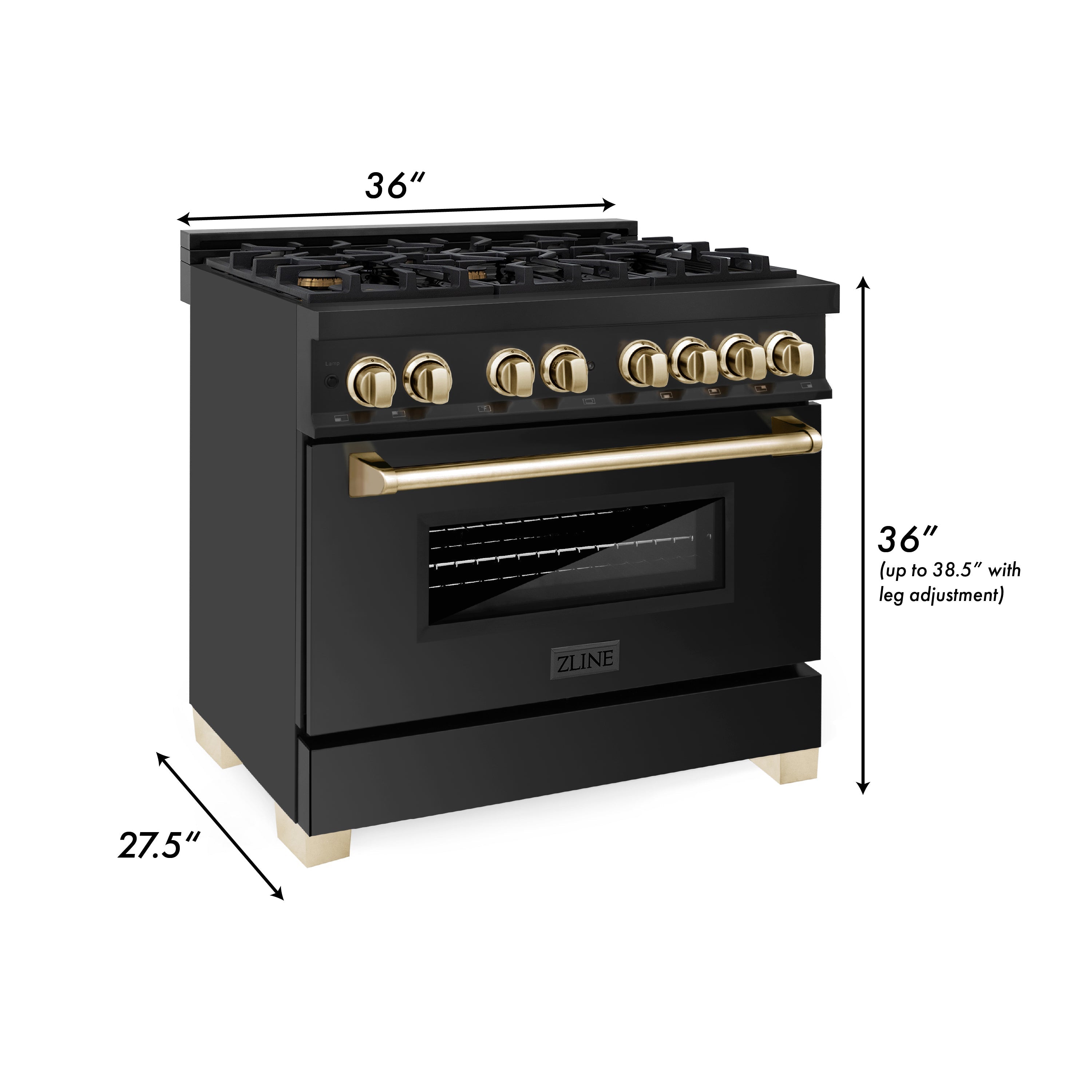 ZLINE Autograph Edition 36 in. 4.6 cu. ft. Dual Fuel Range in Black Stainless Steel with Polished Gold Accents (RABZ-36-G)