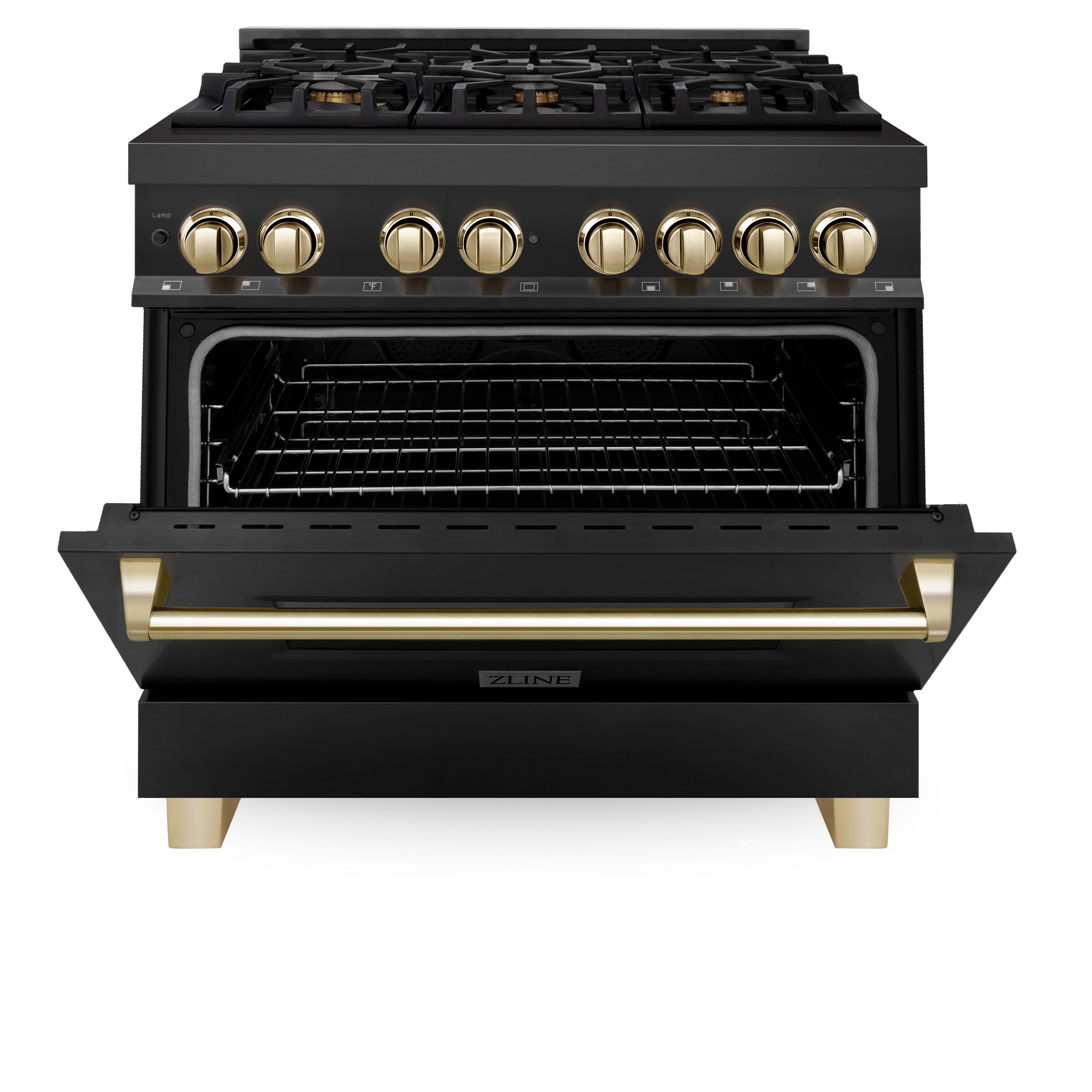 ZLINE Autograph Edition 36 in. 4.6 cu. ft. Dual Fuel Range in Black Stainless Steel with Polished Gold Accents (RABZ-36-G)