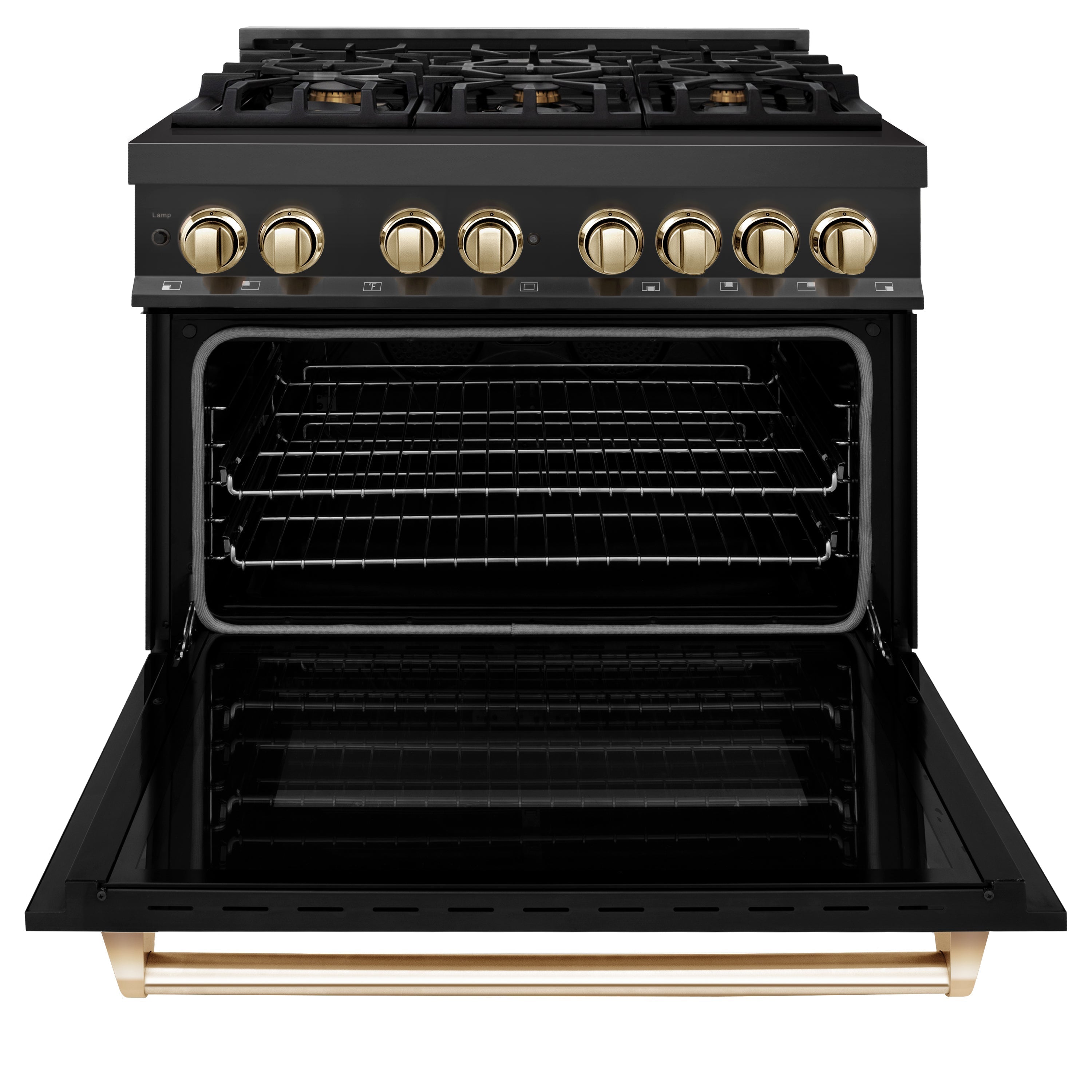 ZLINE Autograph Edition 36 in. 4.6 cu. ft. Dual Fuel Range in Black Stainless Steel with Polished Gold Accents (RABZ-36-G)
