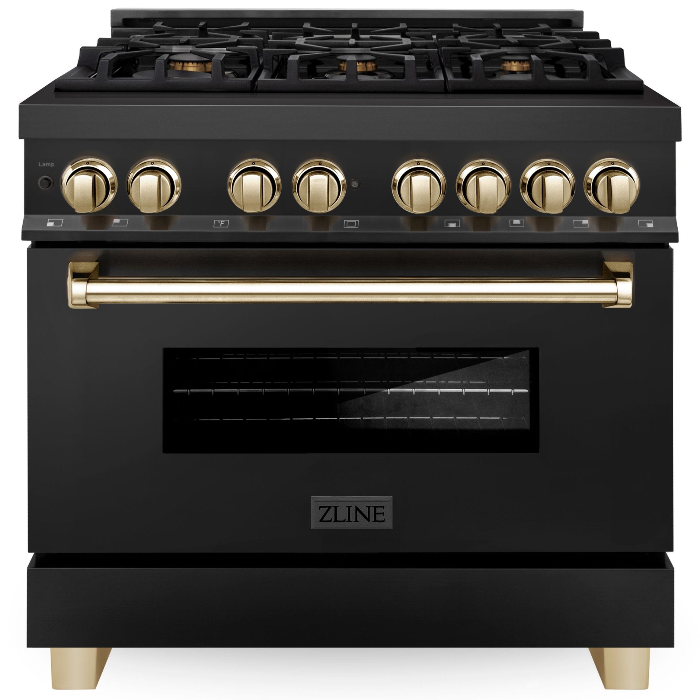 ZLINE Autograph Edition 36 in. 4.6 cu. ft. Dual Fuel Range in Black Stainless Steel with Polished Gold Accents (RABZ-36-G)