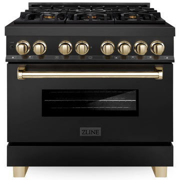 ZLINE Autograph Edition 36 in. 4.6 cu. ft. Dual Fuel Range in Black Stainless Steel with Polished Gold Accents (RABZ-36-G)