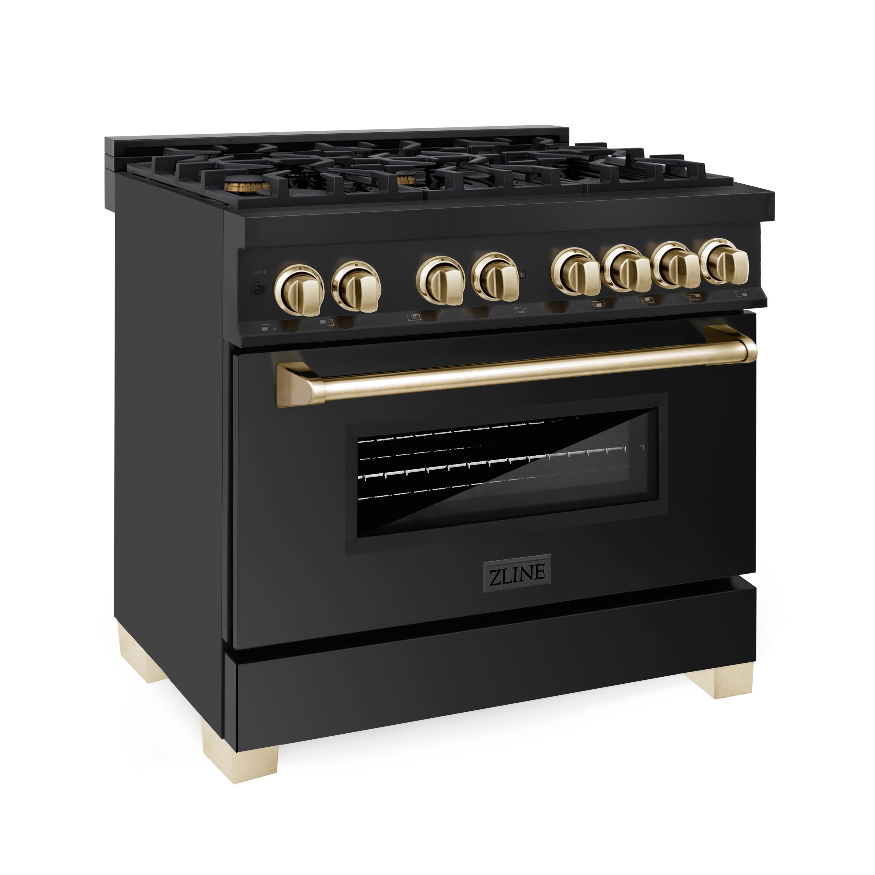 ZLINE Autograph Edition 36 in. 4.6 cu. ft. Dual Fuel Range in Black Stainless Steel with Polished Gold Accents (RABZ-36-G)