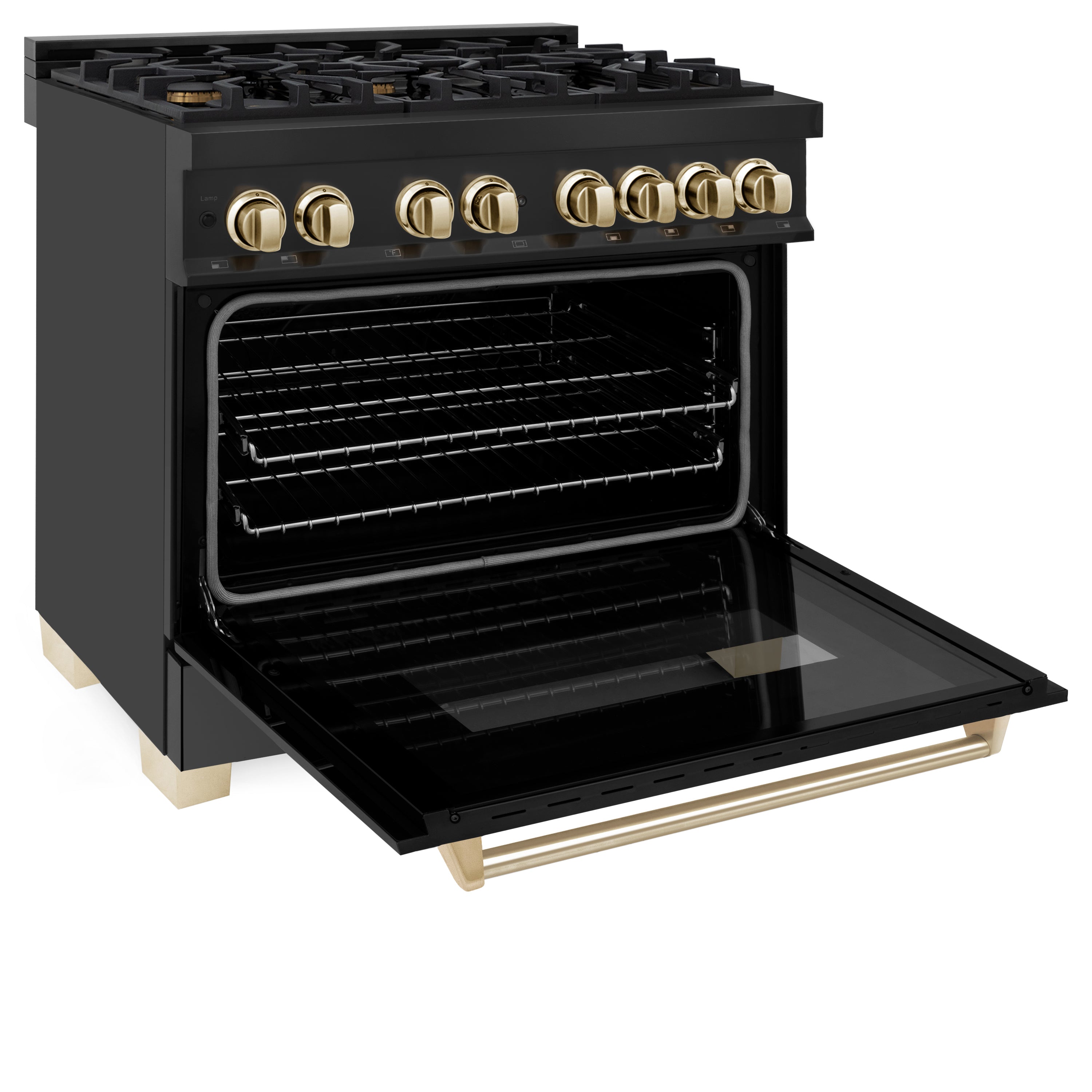 ZLINE Autograph Edition 36 in. 4.6 cu. ft. Dual Fuel Range in Black Stainless Steel with Polished Gold Accents (RABZ-36-G)